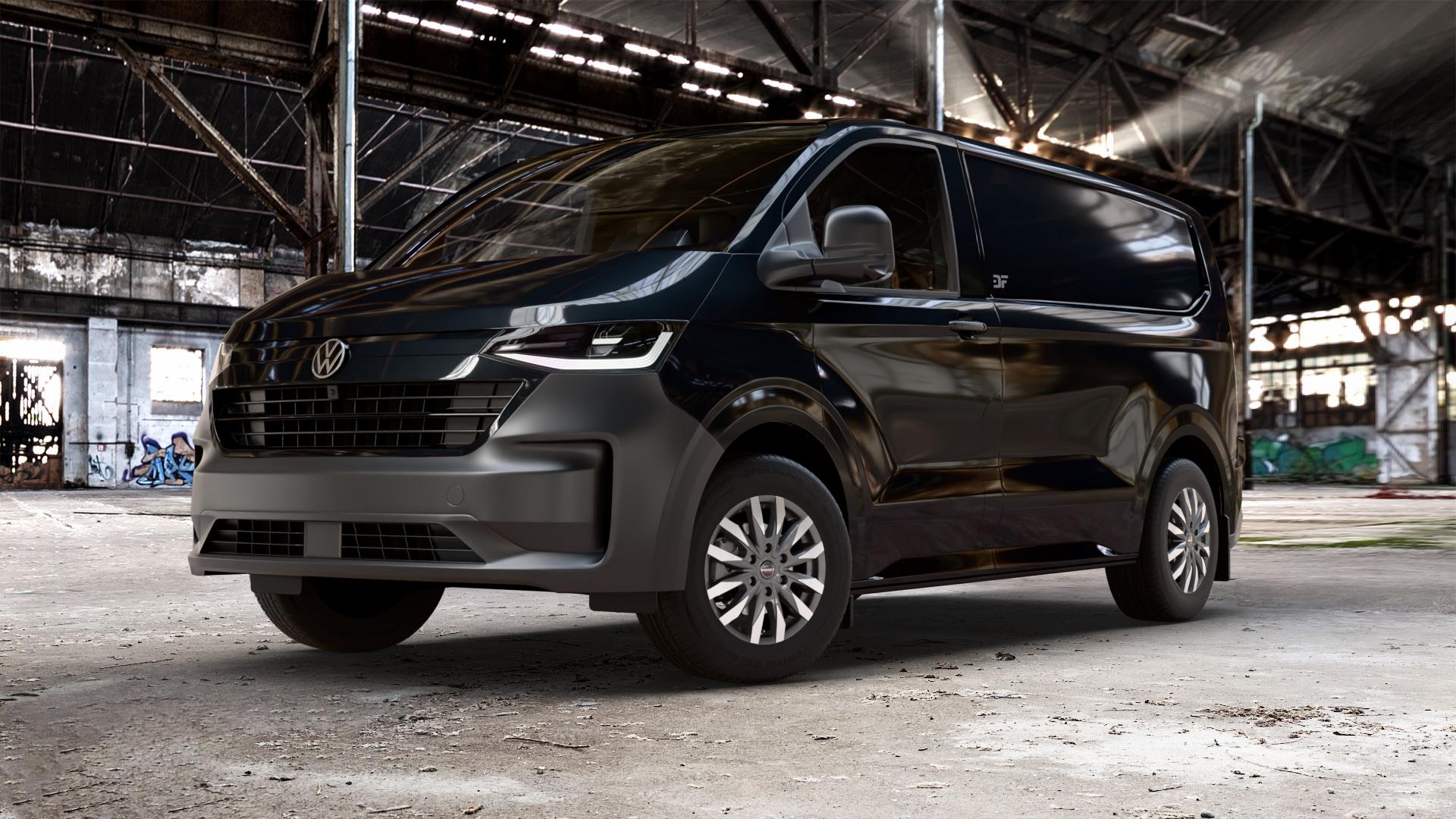 Borbet CW6 mistral anthracite glossy polished Felge mit Reifen grau in 16Zoll Alufelge auf schwarzem Volkswagen (VW) T7 Transporter ⬇️ mit 15mm Tieferlegung ⬇️ Old Industrial Hall_max_5300mm_2024 Frontansicht_1