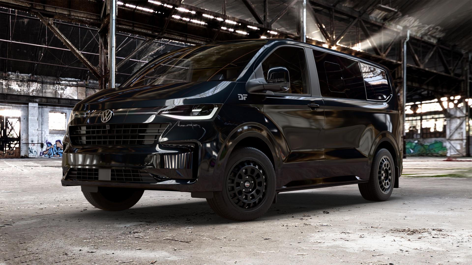 Borbet CW7 black matt Felge mit Reifen schwarz in 18Zoll Winterfelge Alufelge auf schwarzem Volkswagen (VW) T7 Caravelle ⬇️ mit 15mm Tieferlegung ⬇️ Old Industrial Hall_max_5300mm_2024 Frontansicht_1
