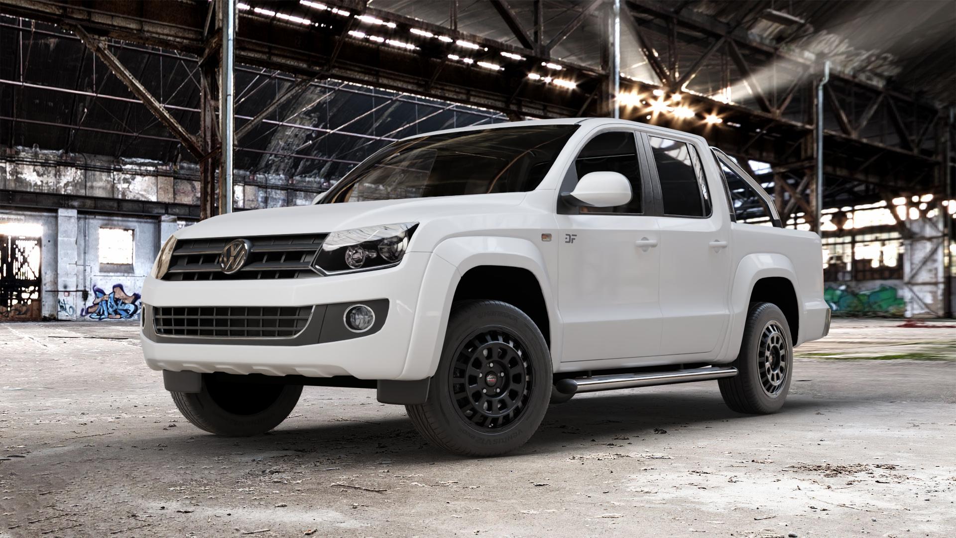 Borbet CW7 black matt Felge mit Reifen schwarz in 18Zoll Winterfelge Alufelge auf weissem Volkswagen (VW) Amarok I Typ 2H 2HS2 ⬇️ mit 15mm Tieferlegung ⬇️ Old Industrial Hall_max_5300mm_2024 Frontansicht_1