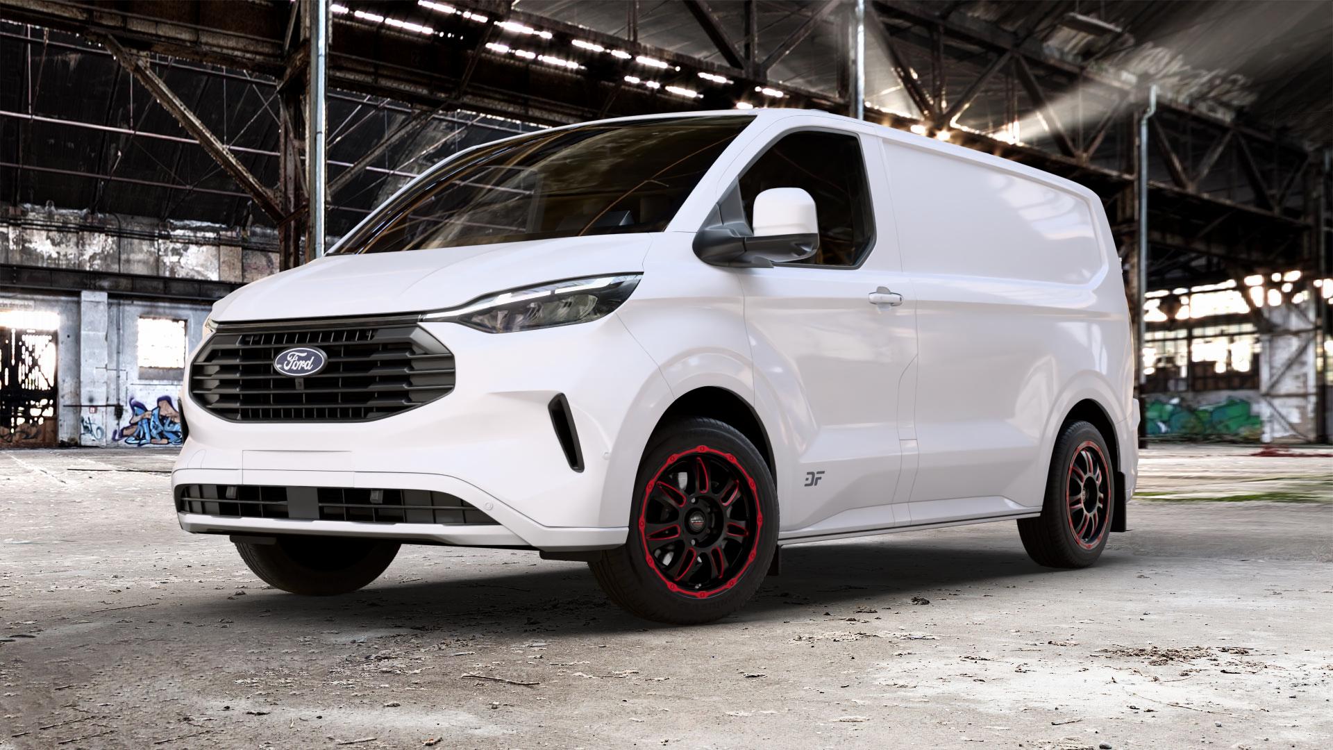 Borbet CW8 red rim window polished matt Felge mit Reifen rot in 18Zoll Alufelge auf weissem Ford Transit Custom Typ NRN ⬇️ mit 15mm Tieferlegung ⬇️ Old Industrial Hall_max_5300mm_2024 Frontansicht_1