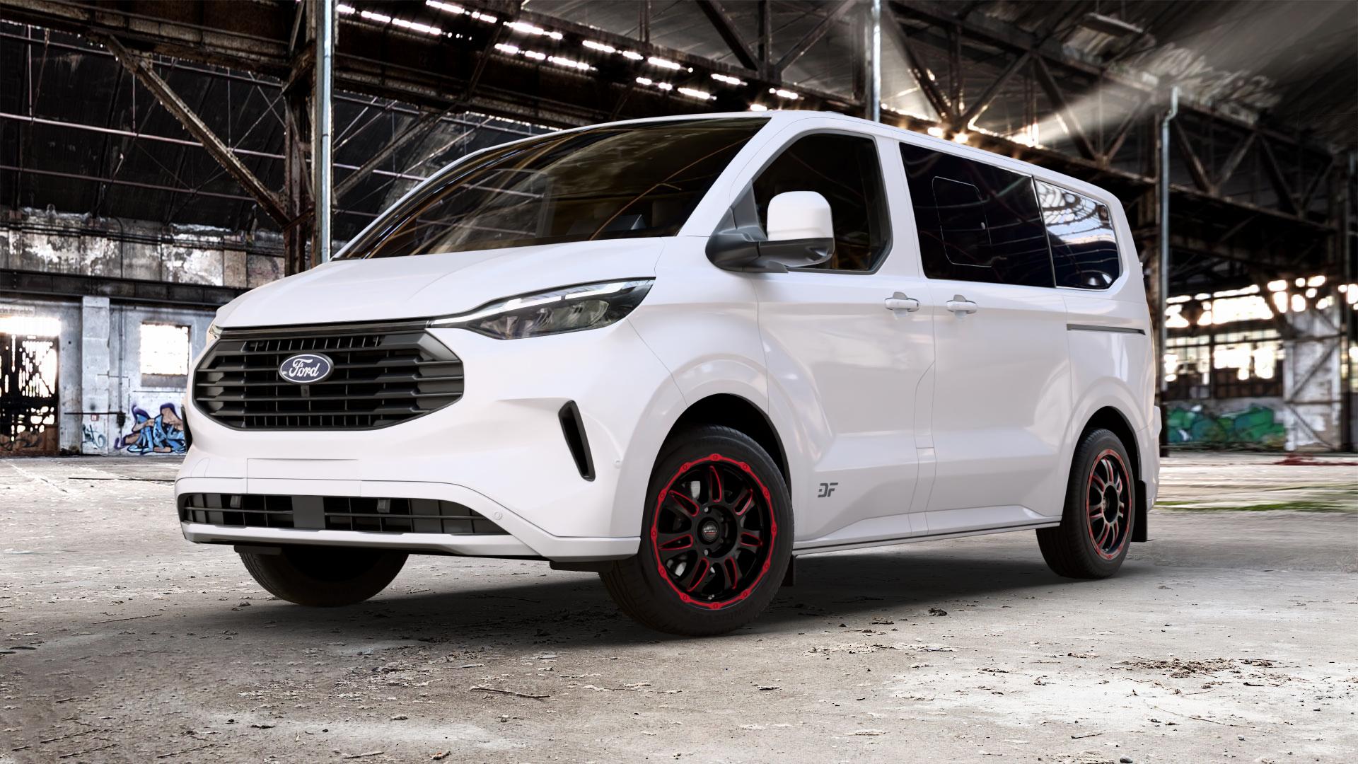 Borbet CW8 red rim window polished matt Felge mit Reifen rot in 18Zoll Alufelge auf weissem Ford Transit Custom Typ NXN ⬇️ mit 15mm Tieferlegung ⬇️ Old Industrial Hall_max_5300mm_2024 Frontansicht_1