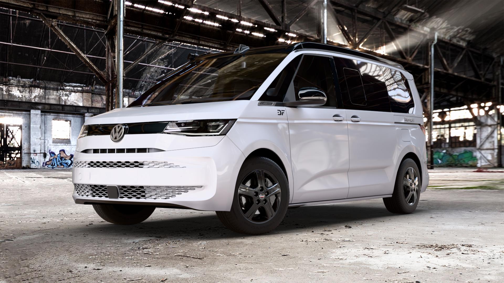 Borbet CWD black glossy Felge mit Reifen schwarz in 17Zoll Winterfelge Alufelge auf weissem und schwarzem Volkswagen (VW) T7 California 1,5l TSI eHybrid 130kW (177 PS) ⬇️ mit 15mm Tieferlegung ⬇️ Old Industrial Hall_max_5300mm_2024 Frontansicht_1