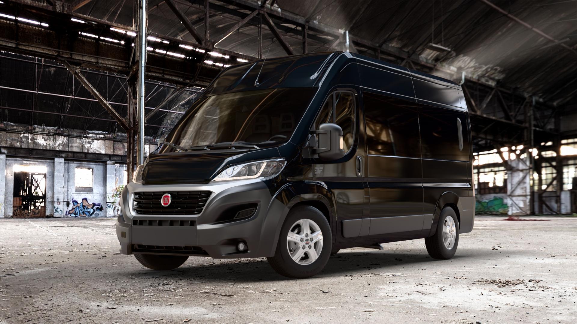 Borbet CWD crystal silver Felge mit Reifen silber in 16Zoll Winterfelge Alufelge auf schwarzem metallic Fiat Ducato Bus Typ 250 Facelift ⬇️ mit 15mm Tieferlegung ⬇️ Old Industrial Hall_max_7000mm_2024 Frontansicht_1