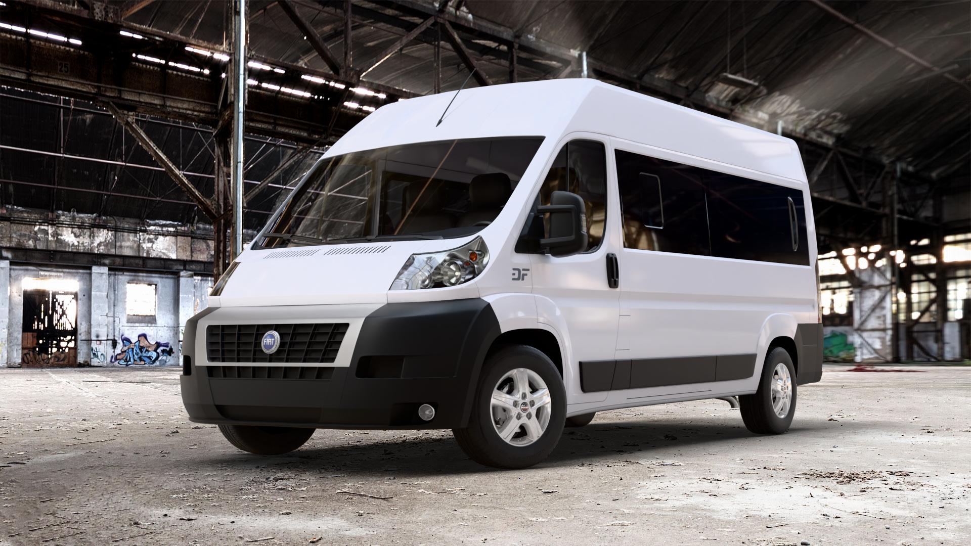 Borbet CWD crystal silver Felge mit Reifen silber in 16Zoll Winterfelge Alufelge auf weissem Fiat Ducato Bus Typ 250 ⬇️ mit 15mm Tieferlegung ⬇️ Old Industrial Hall_max_7000mm_2024 Frontansicht_1