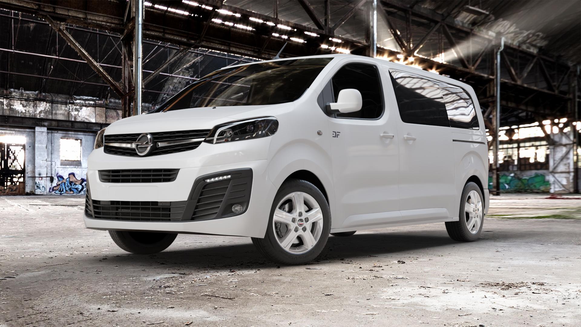 Borbet CWD crystal silver Felge mit Reifen silber in 17Zoll Winterfelge Alufelge auf weissem Opel Zafira Life Typ V ⬇️ mit 15mm Tieferlegung ⬇️ Old Industrial Hall_max_5300mm_2024 Frontansicht_1