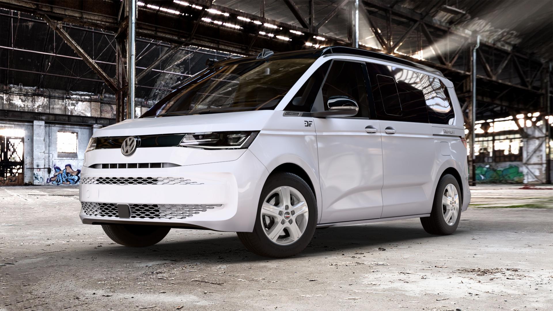 Borbet CWD crystal silver Felge mit Reifen silber in 17Zoll Winterfelge Alufelge auf weissem und schwarzem Volkswagen (VW) T7 California 1,5l TSI eHybrid 130kW (177 PS) ⬇️ mit 15mm Tieferlegung ⬇️ Old Industrial Hall_max_5300mm_2024 Frontansicht_1