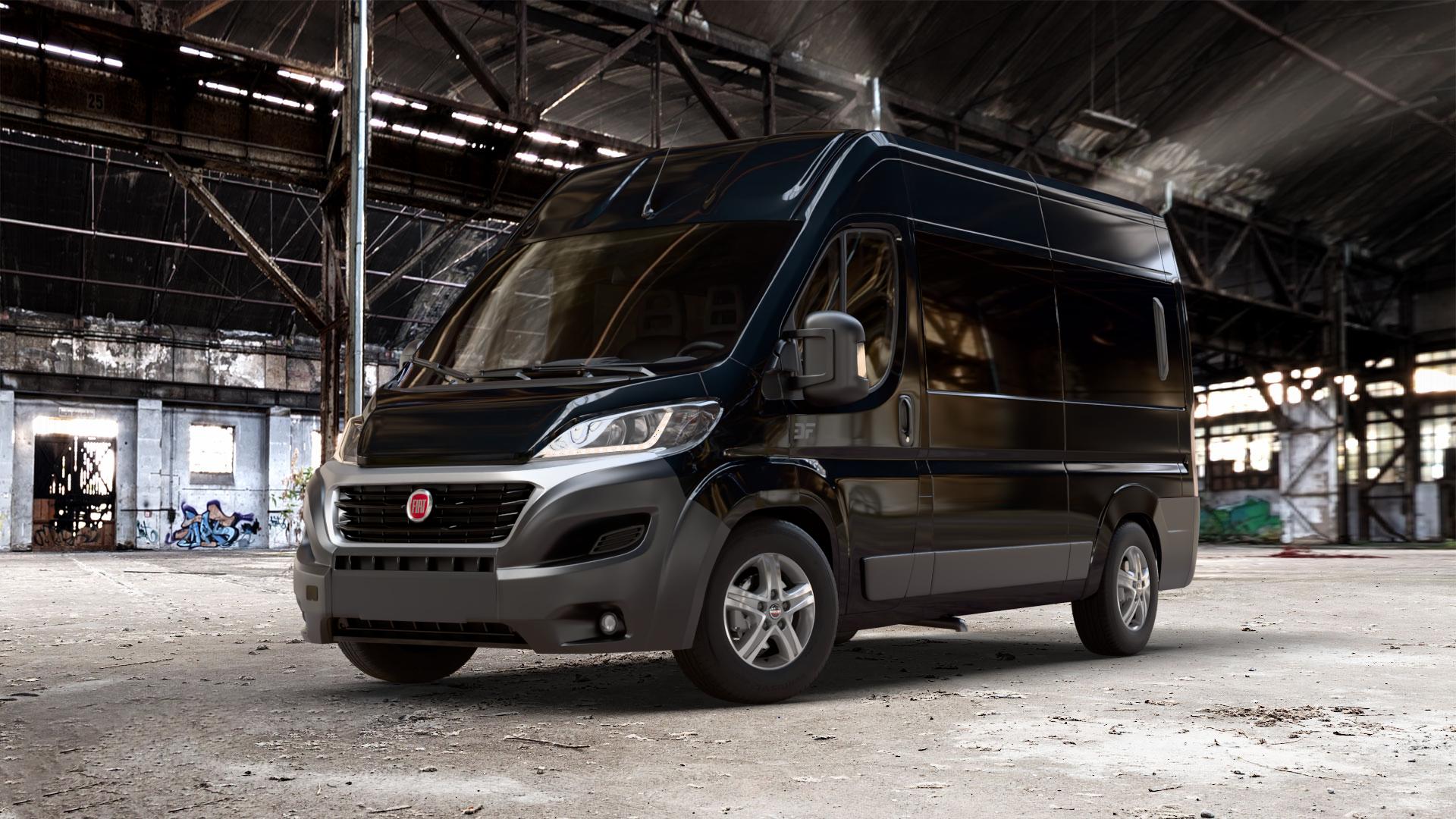 Borbet CWD mistral anthracite glossy polished Felge mit Reifen grau silber mehrfarbig anthrazit in 16Zoll Alufelge auf schwarzem metallic Fiat Ducato Bus Typ 250 Facelift ⬇️ mit 15mm Tieferlegung ⬇️ Old Industrial Hall_max_7000mm_2024 Frontansicht_1