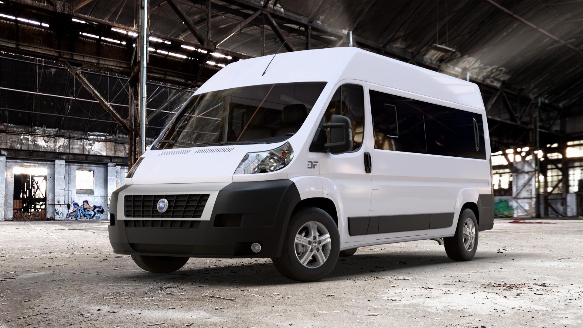 Borbet CWD mistral anthracite glossy polished Felge mit Reifen grau silber mehrfarbig anthrazit in 16Zoll Alufelge auf weissem Fiat Ducato Bus Typ 250 ⬇️ mit 15mm Tieferlegung ⬇️ Old Industrial Hall_max_7000mm_2024 Frontansicht_1