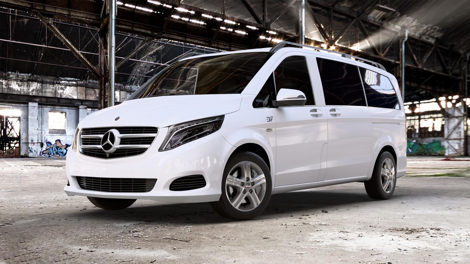 Borbet CWD mistral anthracite glossy polished Felge mit Reifen grau silber mehrfarbig anthrazit in 17Zoll Alufelge auf weissem Mercedes V-Klasse Typ W447 Vito Kasten Mixto Tourer Marco Polo ⬇️ mit 15mm Tieferlegung ⬇️ Old Industrial Hall_max_5300mm_2024 Frontansicht_1