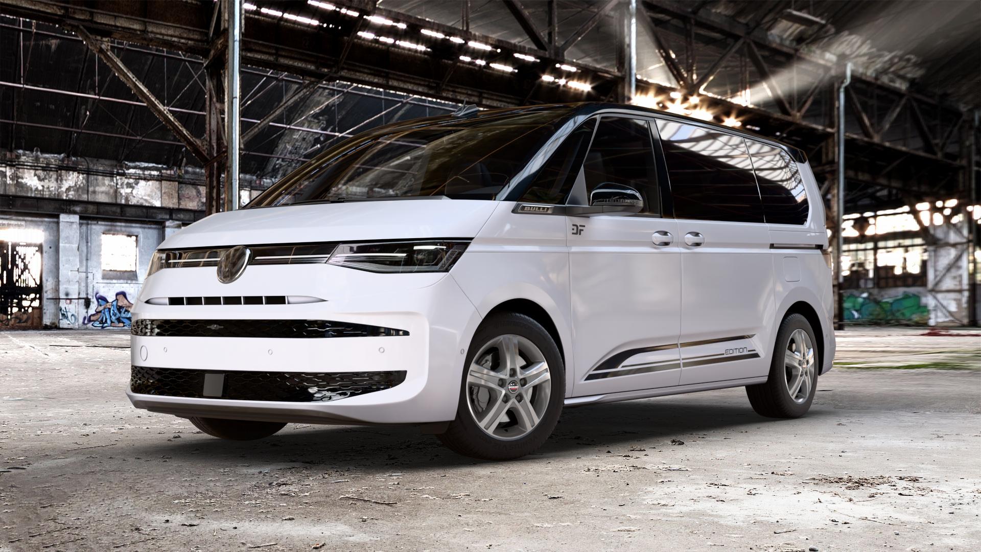 Borbet CWD mistral anthracite glossy polished Felge mit Reifen grau silber mehrfarbig anthrazit in 17Zoll Alufelge auf weissem und schwarzem Volkswagen (VW) T7 Multivan Bus ⬇️ mit 15mm Tieferlegung ⬇️ Old Industrial Hall_max_5300mm_2024 Frontansicht_1
