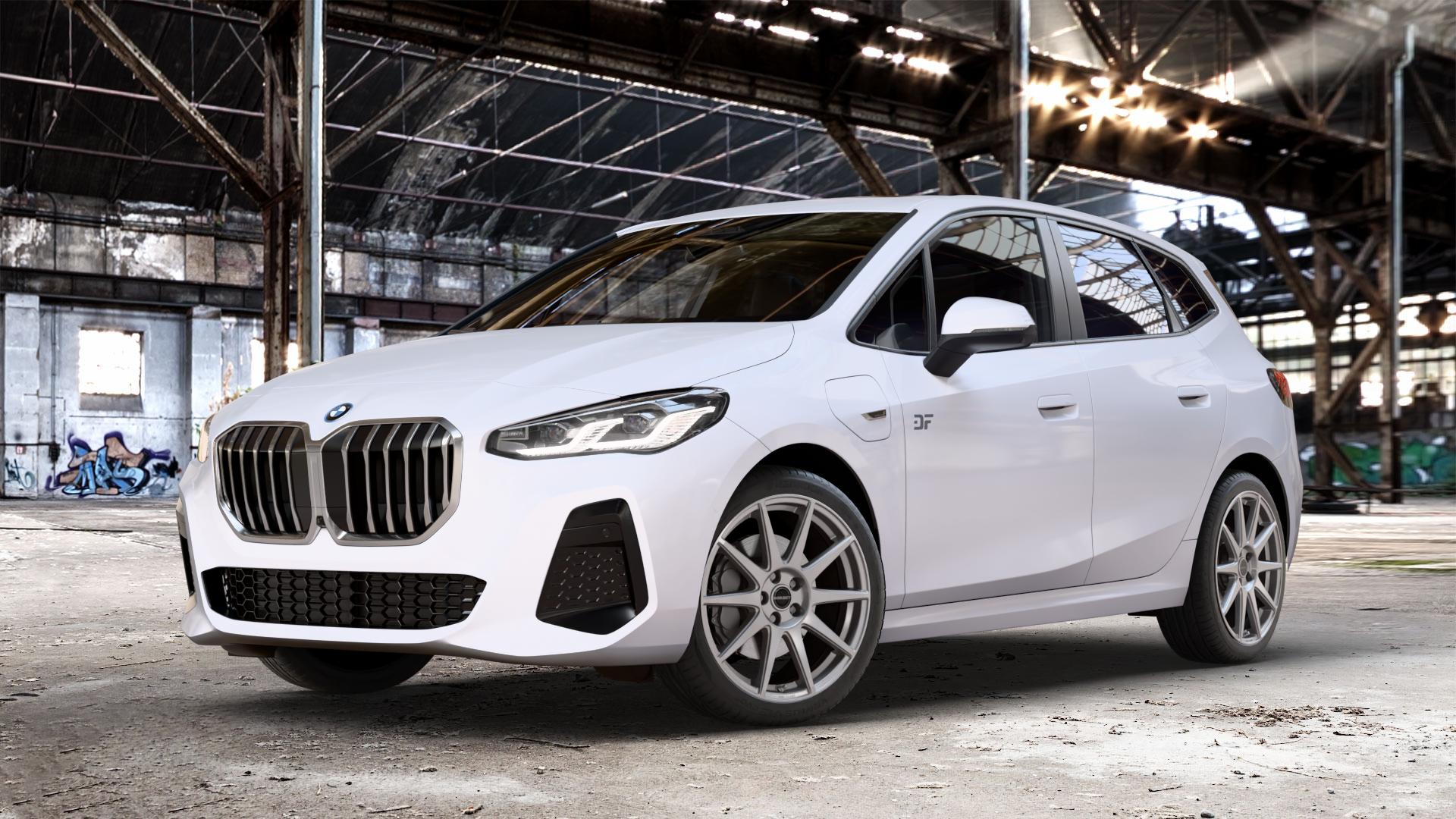 Borbet GTX titan glossy Felge mit Reifen grau in 19Zoll Winterfelge Alufelge auf weissem BMW 2er U06 Active Tourer (U2AT) ⬇️ mit 15mm Tieferlegung ⬇️ Old Industrial Hall_max_4400mm_2024 Frontansicht_1