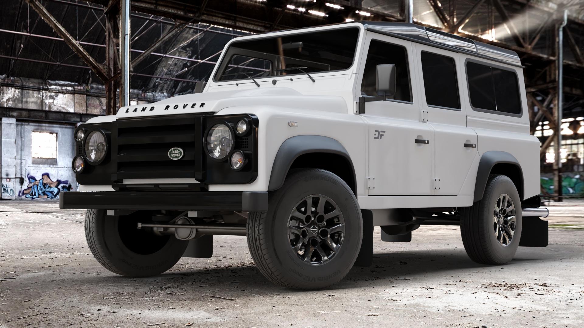 Borbet LD black glossy Felge mit Reifen schwarz in 16Zoll Winterfelge Alufelge auf weissem Land Rover Defender 110 Station Wagon Typ LD Pickup Cabrio ⬇️ mit 15mm Tieferlegung ⬇️ Old Industrial Hall_max_4400mm_2024 Frontansicht_1