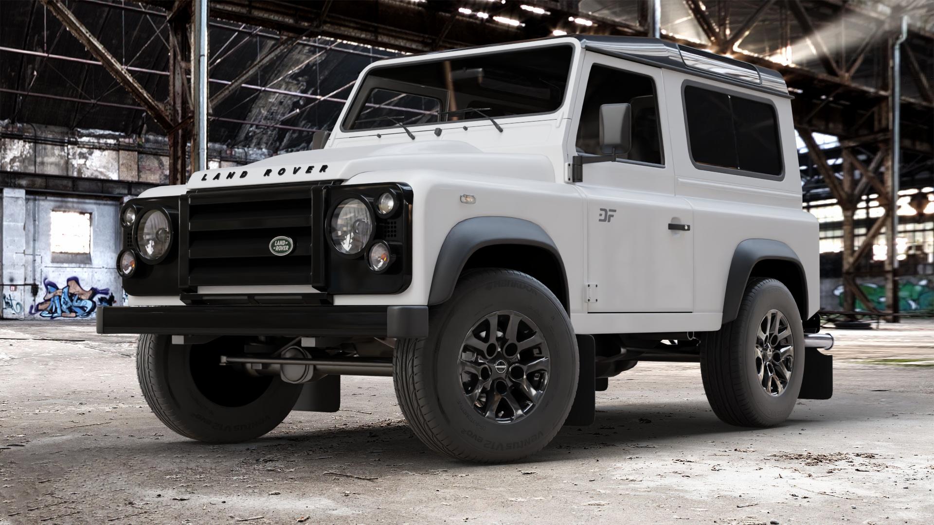 Borbet LD black glossy Felge mit Reifen schwarz in 16Zoll Winterfelge Alufelge auf weissem Land Rover Defender 90 Station Wagon Typ LD Cabrio Pickup ⬇️ mit 15mm Tieferlegung ⬇️ Old Industrial Hall_max_4400mm_2024 Frontansicht_1