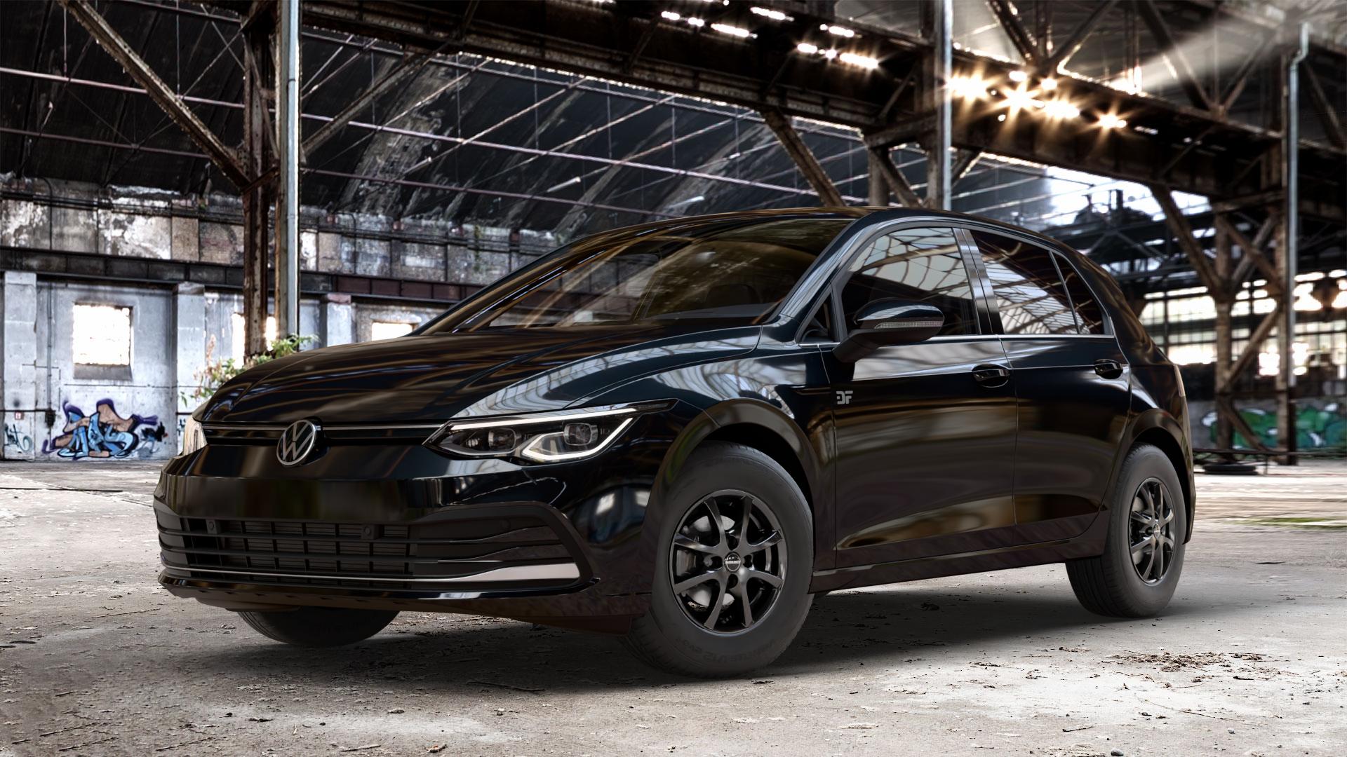 Borbet LV4 black glossy Felge mit Reifen schwarz in 14Zoll Winterfelge Alufelge auf metallic schwarzem Volkswagen (VW) Golf 8 1,5l TSI 96kW (131 PS) 110kW (150 2,0l TDI 85kW (116 Mild-Hybrid 1,0l 81kW (110 66kW (90 1,4l Hybrid TGI 4Motion 140kW (190 ⬇️ mit 15mm Tieferlegung ⬇️ Old Industrial Hall_max_4400mm_2024 Frontansicht_1