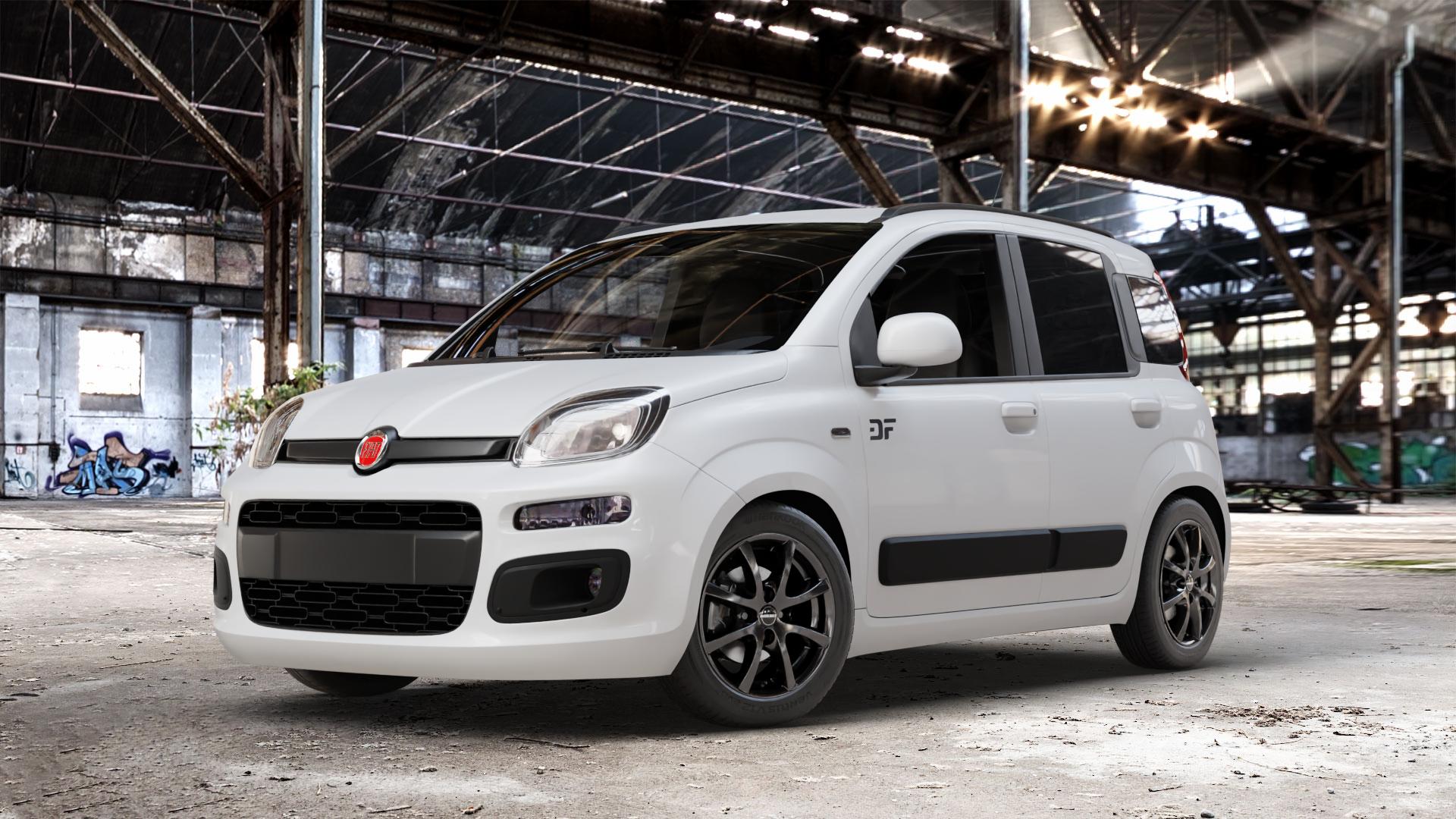 Borbet LV4 black glossy Felge mit Reifen schwarz in 15Zoll Winterfelge Alufelge auf weissem Fiat Panda Typ 312 4x4 ⬇️ mit 15mm Tieferlegung ⬇️ Old Industrial Hall_max_4400mm_2024 Frontansicht_1