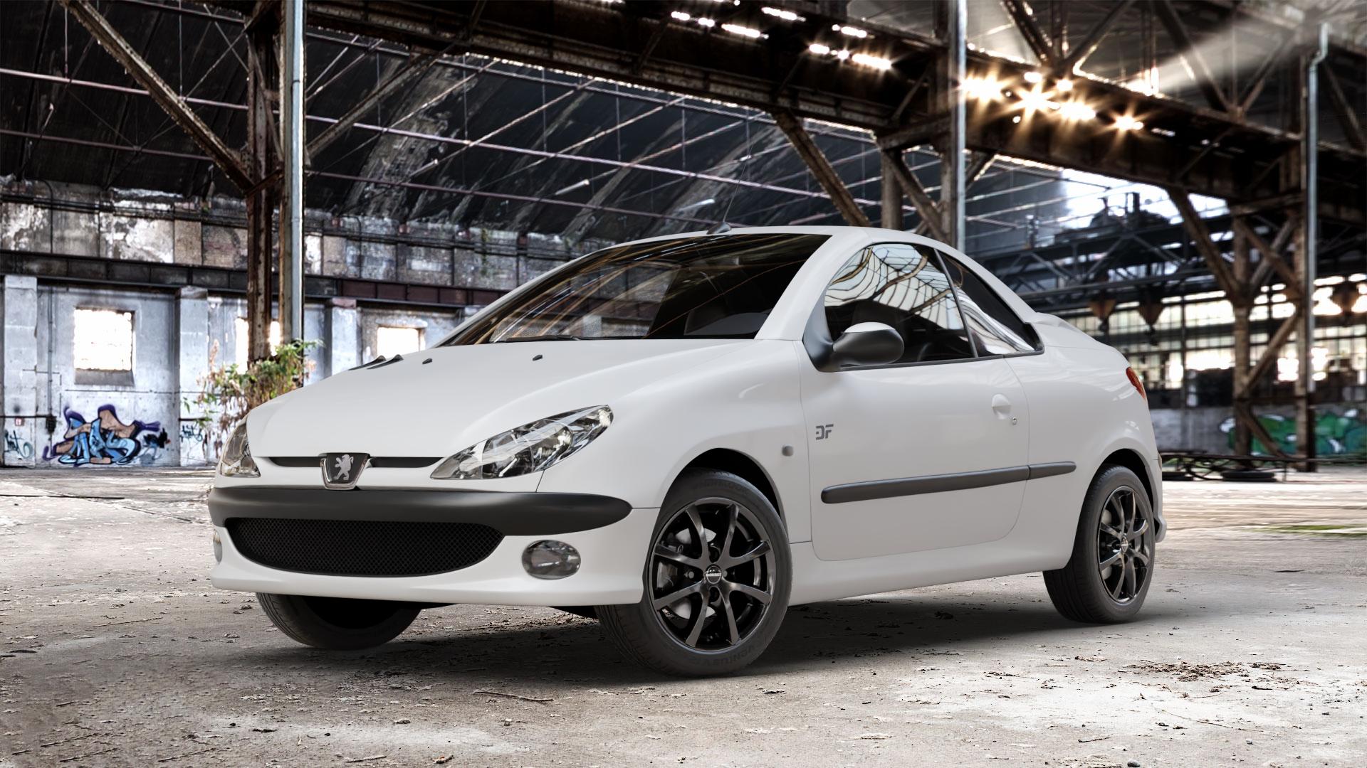 Borbet LV4 black glossy Felge mit Reifen schwarz in 15Zoll Winterfelge Alufelge auf weissem Peugeot 206 CC 1,6l HDi FAP 80kW (109 PS) 16V 2,0l 100kW (136 ⬇️ mit 15mm Tieferlegung ⬇️ Old Industrial Hall_max_4400mm_2024 Frontansicht_1