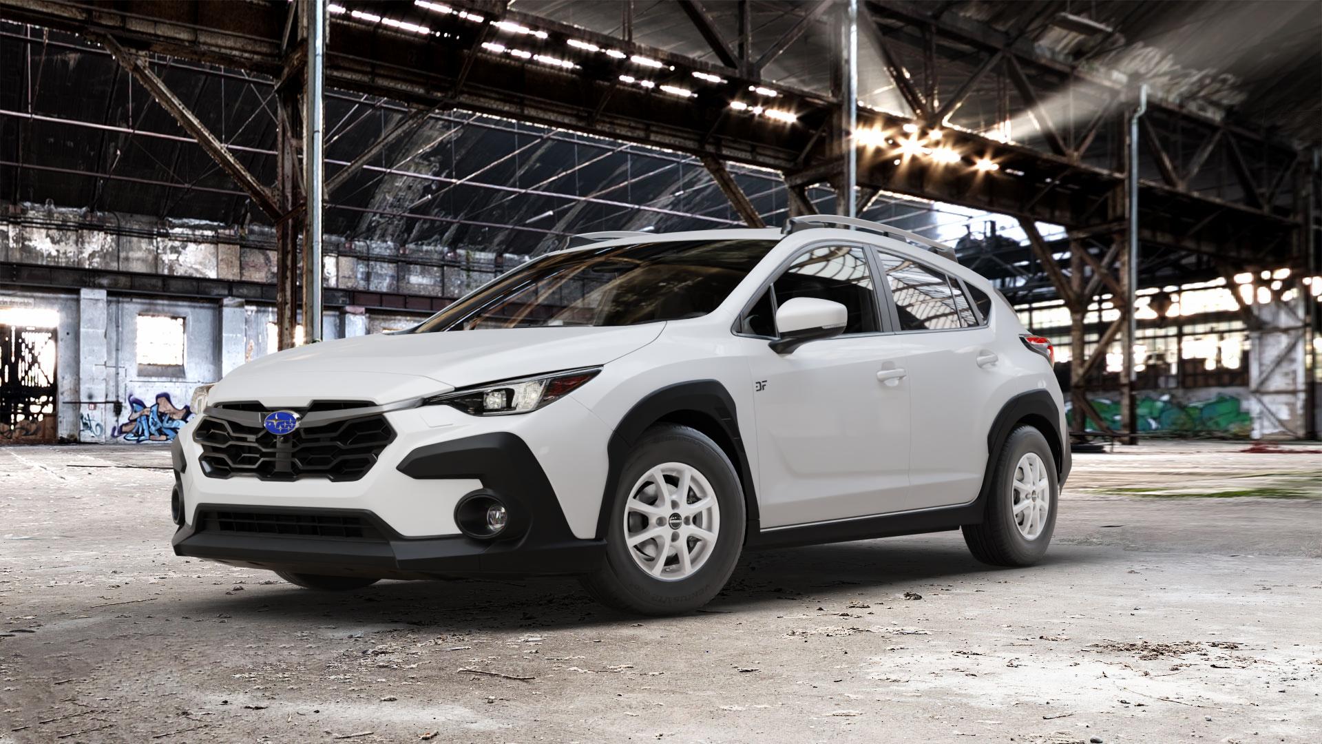 Borbet LV4 crystal silver Felge mit Reifen silber in 14Zoll Winterfelge Alufelge auf weissem Subaru Crosstrek Typ G6-SS 2,0l 100kW Mild-Hybrid AWD (136 PS) ⬇️ mit 15mm Tieferlegung ⬇️ Old Industrial Hall_max_5300mm_2024 Frontansicht_1