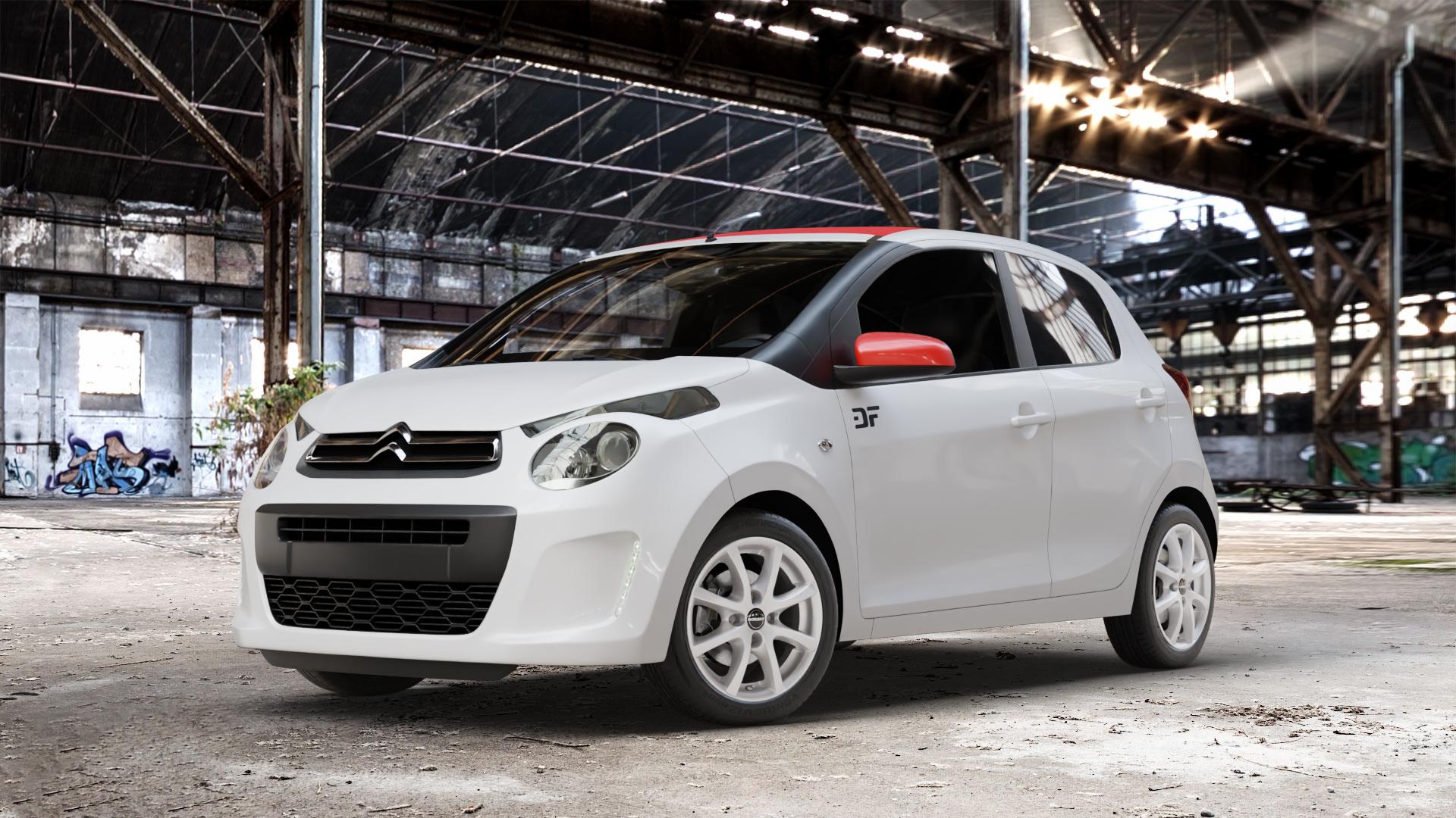 Borbet LV4 crystal silver Felge mit Reifen silber in 15Zoll Winterfelge Alufelge auf weissem Citroen C1 II ⬇️ mit 15mm Tieferlegung ⬇️ Old Industrial Hall_max_4400mm_2024 Frontansicht_1