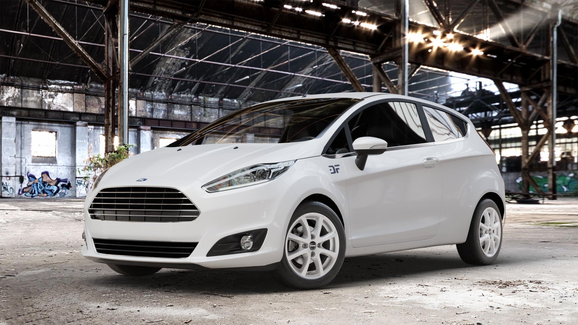 Borbet LV4 crystal silver Felge mit Reifen silber in 15Zoll Winterfelge Alufelge auf weissem Ford Fiesta VI Typ JA8 Facelift ⬇️ mit 15mm Tieferlegung ⬇️ Old Industrial Hall_max_4400mm_2024 Frontansicht_1