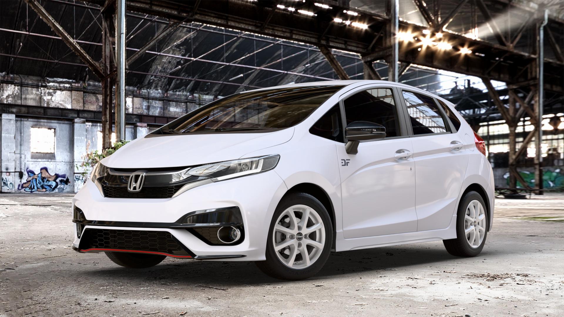 Borbet LV4 crystal silver Felge mit Reifen silber in 15Zoll Winterfelge Alufelge auf weissem Honda Jazz IV (GK) Facelift ⬇️ mit 15mm Tieferlegung ⬇️ Old Industrial Hall_max_4400mm_2024 Frontansicht_1