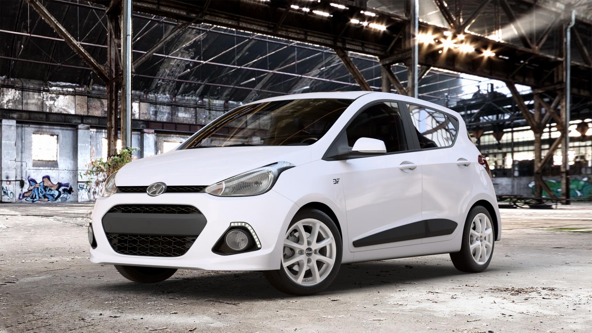 Borbet LV4 crystal silver Felge mit Reifen silber in 15Zoll Winterfelge Alufelge auf weissem Hyundai i10 Typ IA ⬇️ mit 15mm Tieferlegung ⬇️ Old Industrial Hall_max_4400mm_2024 Frontansicht_1