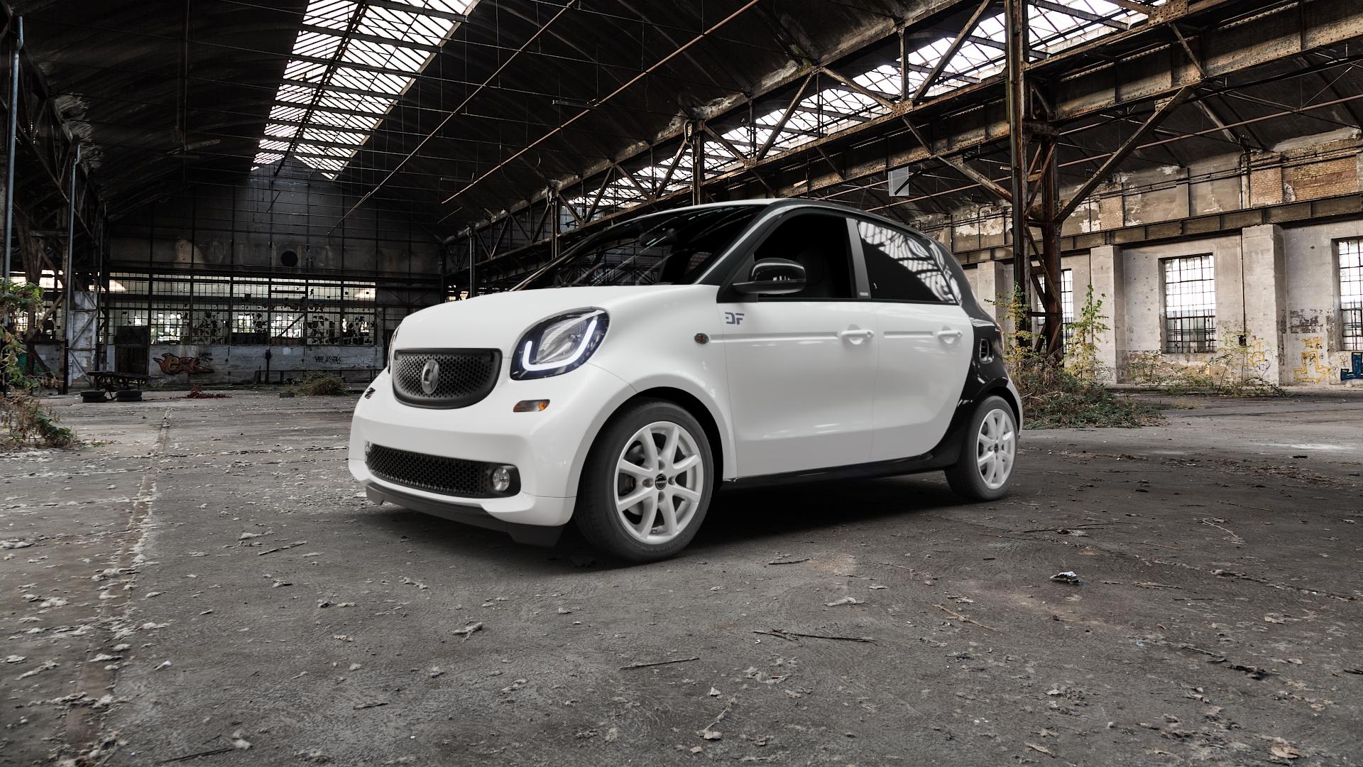 Borbet LV4 crystal silver Felge mit Reifen silber in 15Zoll Winterfelge Alufelge auf weissem Smart Forfour II (453) ⬇️ mit 15mm Tieferlegung ⬇️ Old Industrial Hall_max5000mm_2022 Frontansicht_1