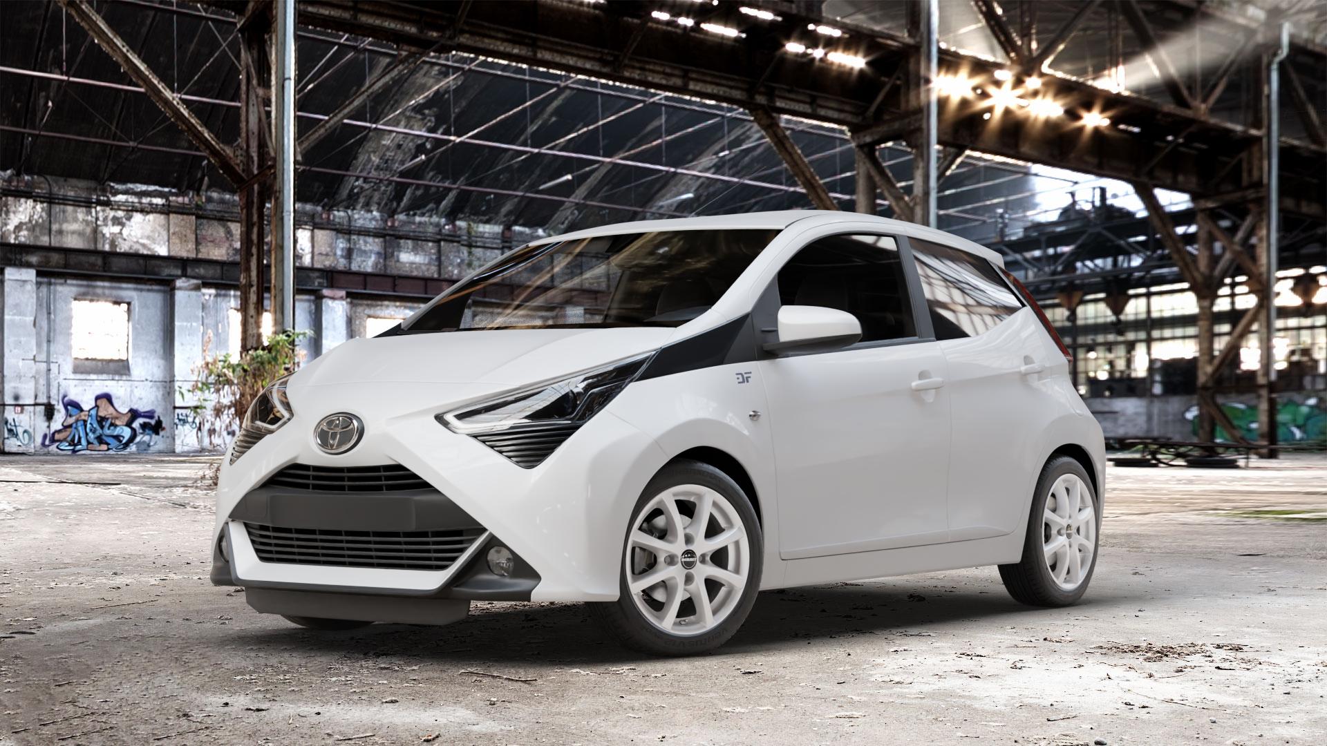 Borbet LV4 crystal silver Felge mit Reifen silber in 15Zoll Winterfelge Alufelge auf weissem Toyota Aygo II Facelift ⬇️ mit 15mm Tieferlegung ⬇️ Old Industrial Hall_max_4400mm_2024 Frontansicht_1