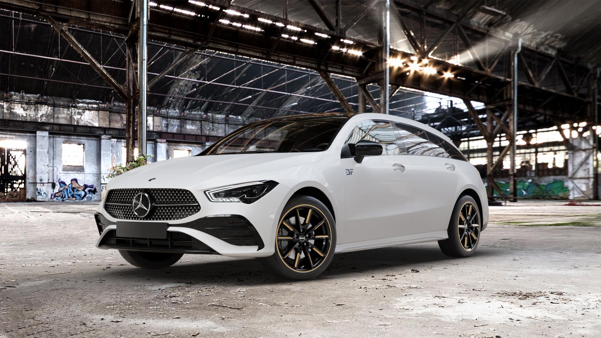 Borbet LX18 black glossy gold spoke rim Felge mit Reifen schwarz mehrfarbig in 18Zoll Winterfelge Alufelge auf weissem Mercedes CLA-Klasse II Shooting Brake Typ C118 (F2CLA) Facelift ⬇️ mit 15mm Tieferlegung ⬇️ Old Industrial Hall_max_5300mm_2024 Frontansicht_1