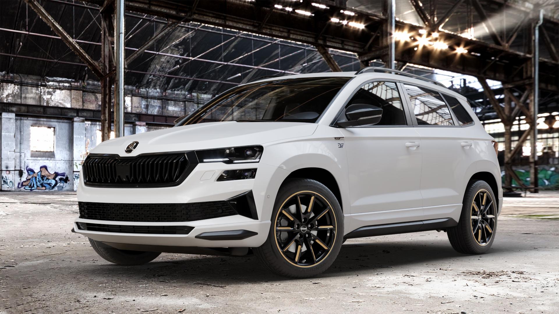 Borbet LX18 black glossy gold spoke rim Felge mit Reifen schwarz mehrfarbig in 18Zoll Winterfelge Alufelge auf weissem Skoda Karoq Typ NU Facelift ⬇️ mit 15mm Tieferlegung ⬇️ Old Industrial Hall_max_4400mm_2024 Frontansicht_1