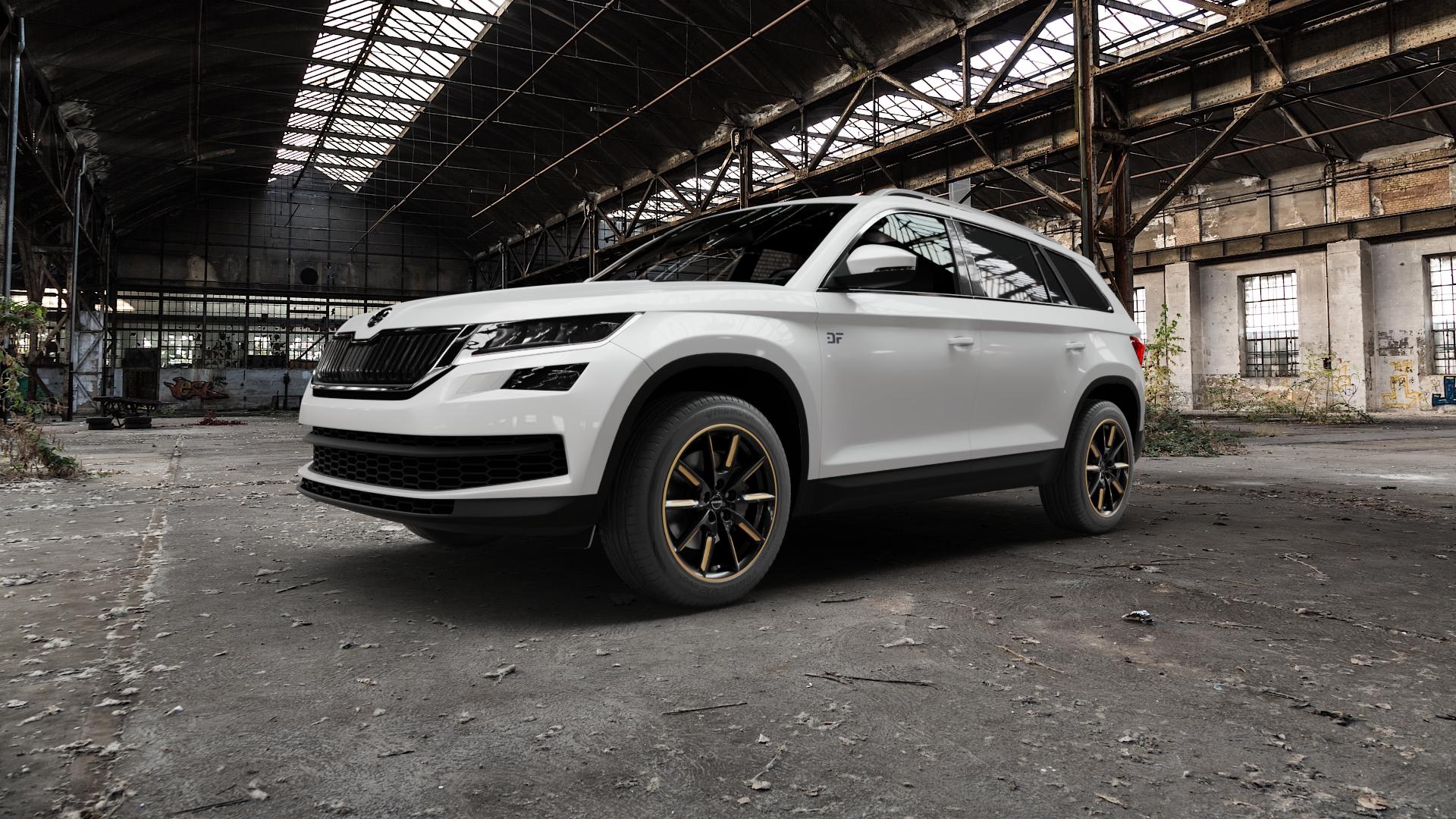 Borbet LX18 black glossy gold spoke rim Felge mit Reifen schwarz mehrfarbig in 18Zoll Winterfelge Alufelge auf weissem Skoda Kodiaq Typ NS ⬇️ mit 15mm Tieferlegung ⬇️ Old Industrial Hall_max5000mm_2022 Frontansicht_1