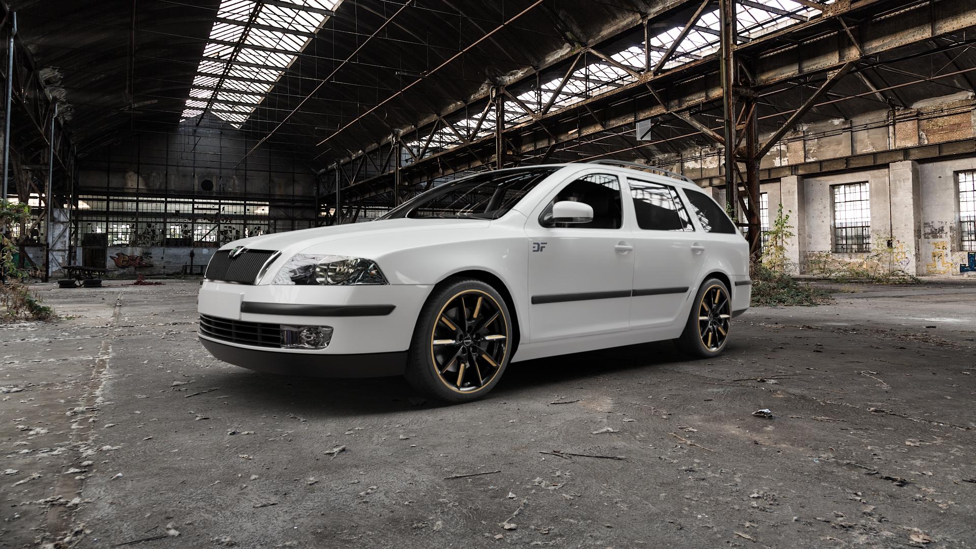 Borbet LX18 black glossy gold spoke rim Felge mit Reifen schwarz mehrfarbig in 18Zoll Winterfelge Alufelge auf weissem Skoda Octavia II Kombi Typ 1Z5 1,6l FSI 85kW (116 PS) 2,0l 110kW (150 4x4 TDI 100kW (136 77kW (105 1,4l 55kW (75 ⬇️ mit 15mm Tieferlegung ⬇️ Old Industrial Hall_max5000mm_2022 Frontansicht_1