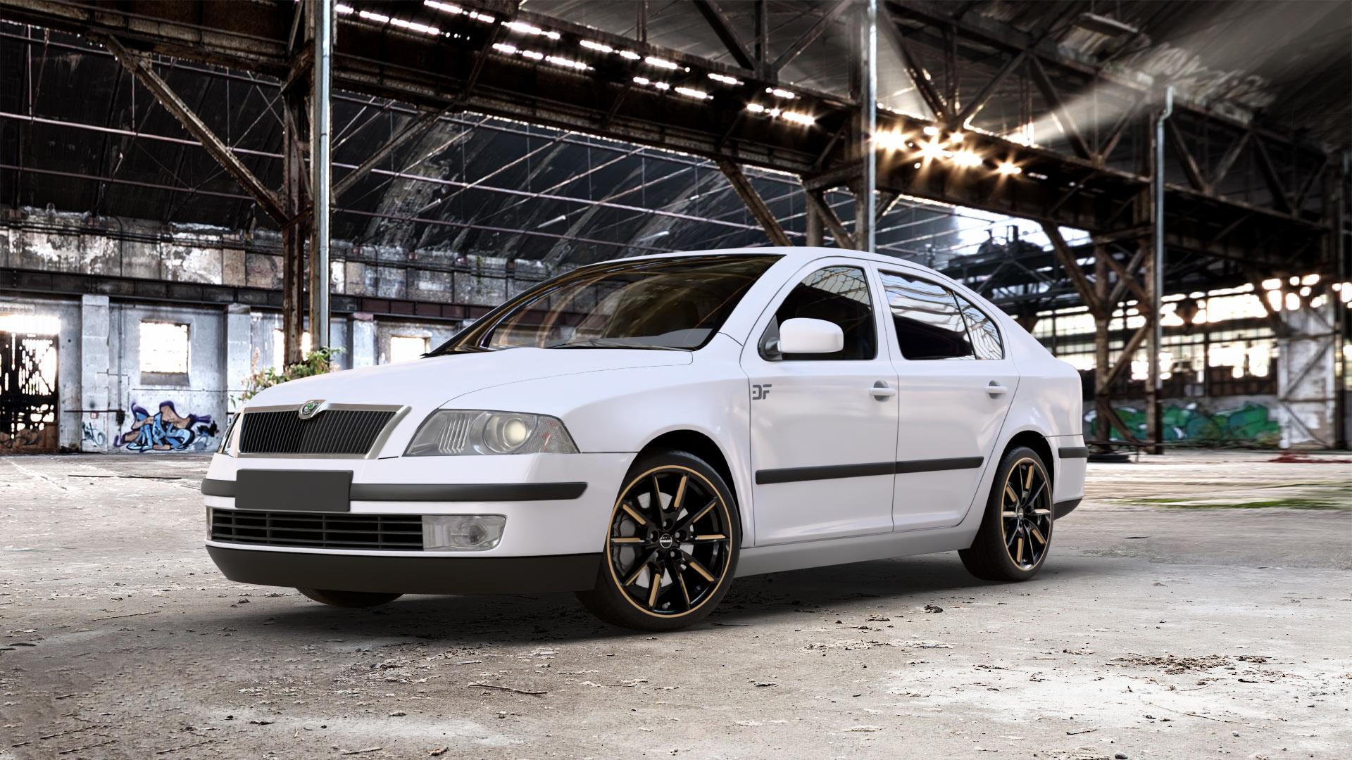 Borbet LX18 black glossy gold spoke rim Felge mit Reifen schwarz mehrfarbig in 18Zoll Winterfelge Alufelge auf weissem Skoda Octavia II Limousine Typ 1Z3 1,4l 55kW (75 PS) 59kW (80 1,6l 75kW (102 FSI 85kW (116 1,8l TSI 118kW (160 1,2l 77kW (105 90kW (122 TDI I 1U2 ⬇️ mit 15mm Tieferlegung ⬇️ Old Industrial Hall_max_5300mm_2024 Frontansicht_1