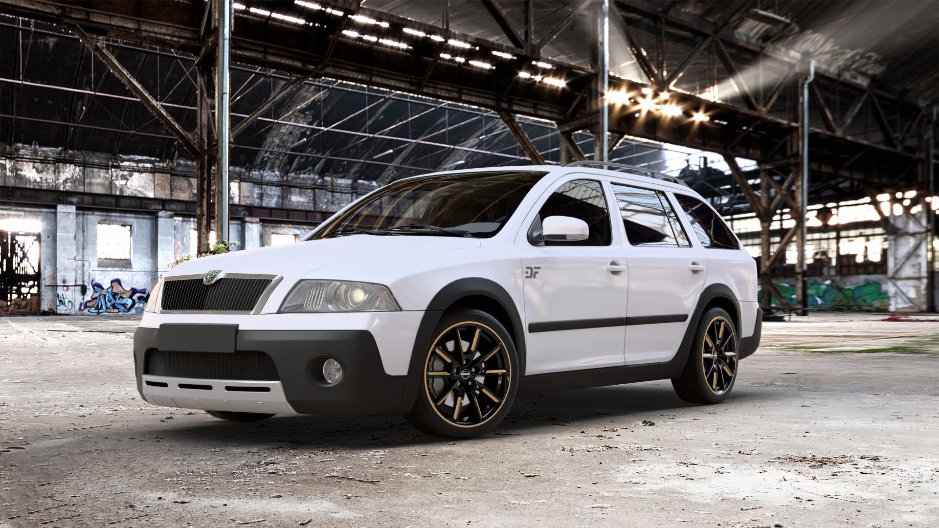Borbet LX18 black glossy gold spoke rim Felge mit Reifen schwarz mehrfarbig in 18Zoll Winterfelge Alufelge auf weissem Skoda Octavia II Scout Typ 1Z ⬇️ mit 15mm Tieferlegung ⬇️ Old Industrial Hall_max_5300mm_2024 Frontansicht_1