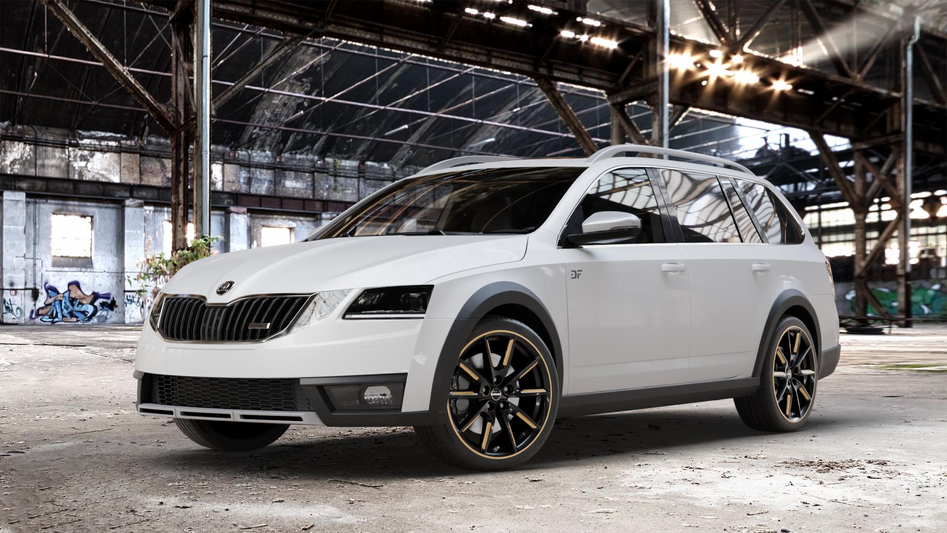 Borbet LX18 black glossy gold spoke rim Felge mit Reifen schwarz mehrfarbig in 18Zoll Winterfelge Alufelge auf weissem Skoda Octavia III Scout Typ 5E Facelift ⬇️ mit 15mm Tieferlegung ⬇️ Old Industrial Hall_max_4400mm_2024 Frontansicht_1