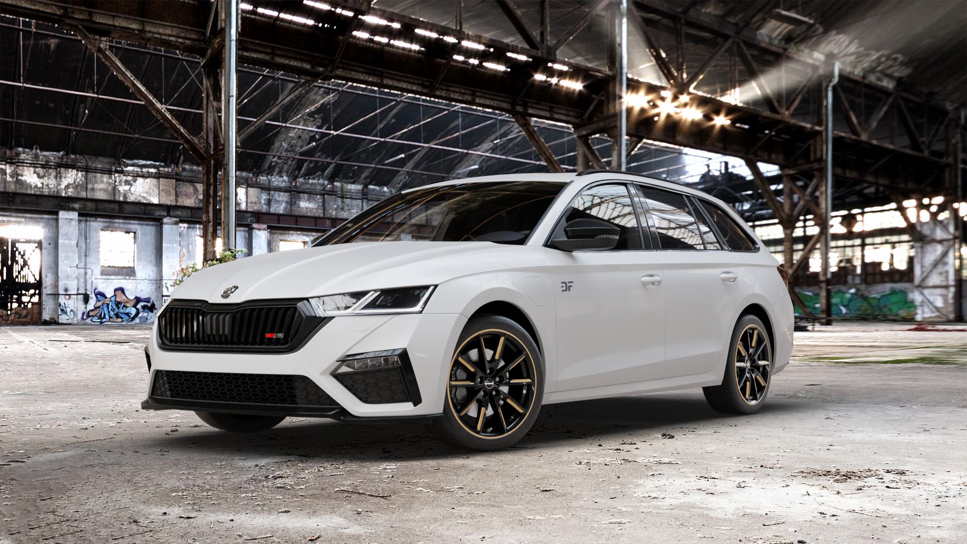 Borbet LX18 black glossy gold spoke rim Felge mit Reifen schwarz mehrfarbig in 18Zoll Winterfelge Alufelge auf weissem Skoda Octavia IV Kombi Typ NX 2,0l TDI 4x4 147kW (200 PS) 1,4l TSI 110kW Hybrid RS (150 180kW (245 ⬇️ mit 15mm Tieferlegung ⬇️ Old Industrial Hall_max_5300mm_2024 Frontansicht_1