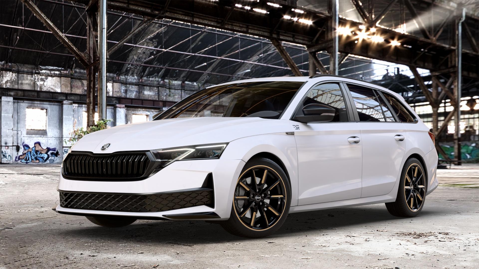 Borbet LX18 black glossy gold spoke rim Felge mit Reifen schwarz mehrfarbig in 18Zoll Winterfelge Alufelge auf weissem Skoda Octavia IV Kombi Typ NX Facelift 1,5l TSI 85kW (116 PS) Mild-Hybrid 110kW (150 2,0l TDI ⬇️ mit 15mm Tieferlegung ⬇️ Old Industrial Hall_max_4400mm_2024 Frontansicht_1