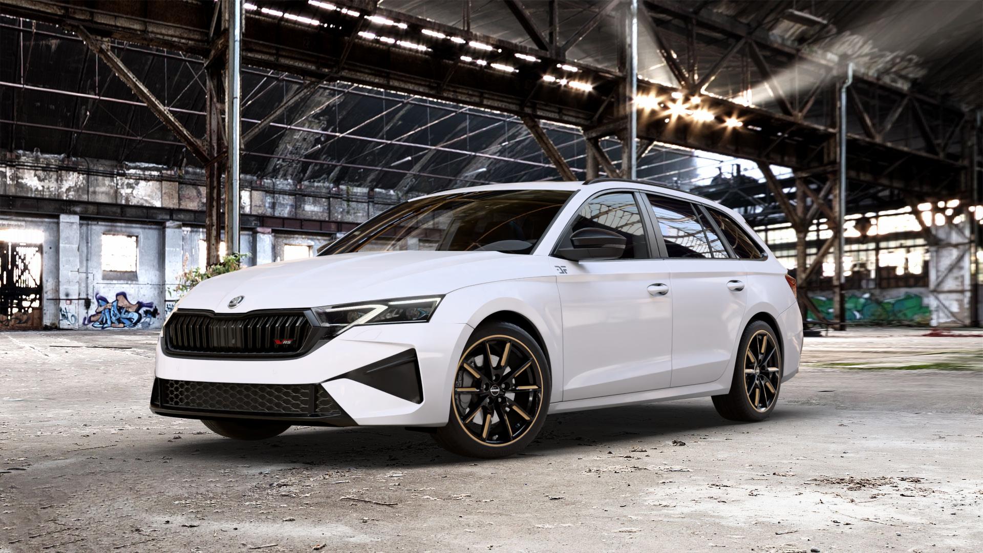 Borbet LX18 black glossy gold spoke rim Felge mit Reifen schwarz mehrfarbig in 18Zoll Winterfelge Alufelge auf weissem Skoda Octavia IV Kombi Typ NX Facelift 2,0l TSI 195kW RS (265 PS) ⬇️ mit 15mm Tieferlegung ⬇️ Old Industrial Hall_max_5300mm_2024 Frontansicht_1