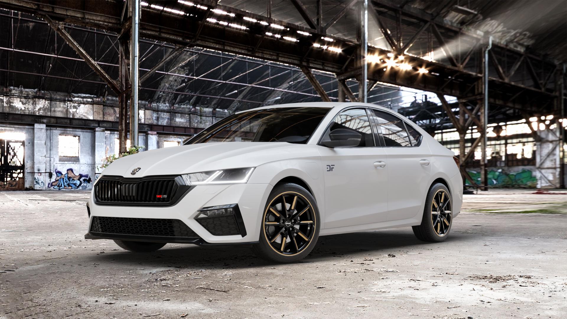 Borbet LX18 black glossy gold spoke rim Felge mit Reifen schwarz mehrfarbig in 18Zoll Winterfelge Alufelge auf weissem Skoda Octavia IV Limousine Typ NX 2,0l TDI 4x4 147kW (200 PS) TSI 180kW RS (245 1,4l 110kW Hybrid (150 ⬇️ mit 15mm Tieferlegung ⬇️ Old Industrial Hall_max_5300mm_2024 Frontansicht_1