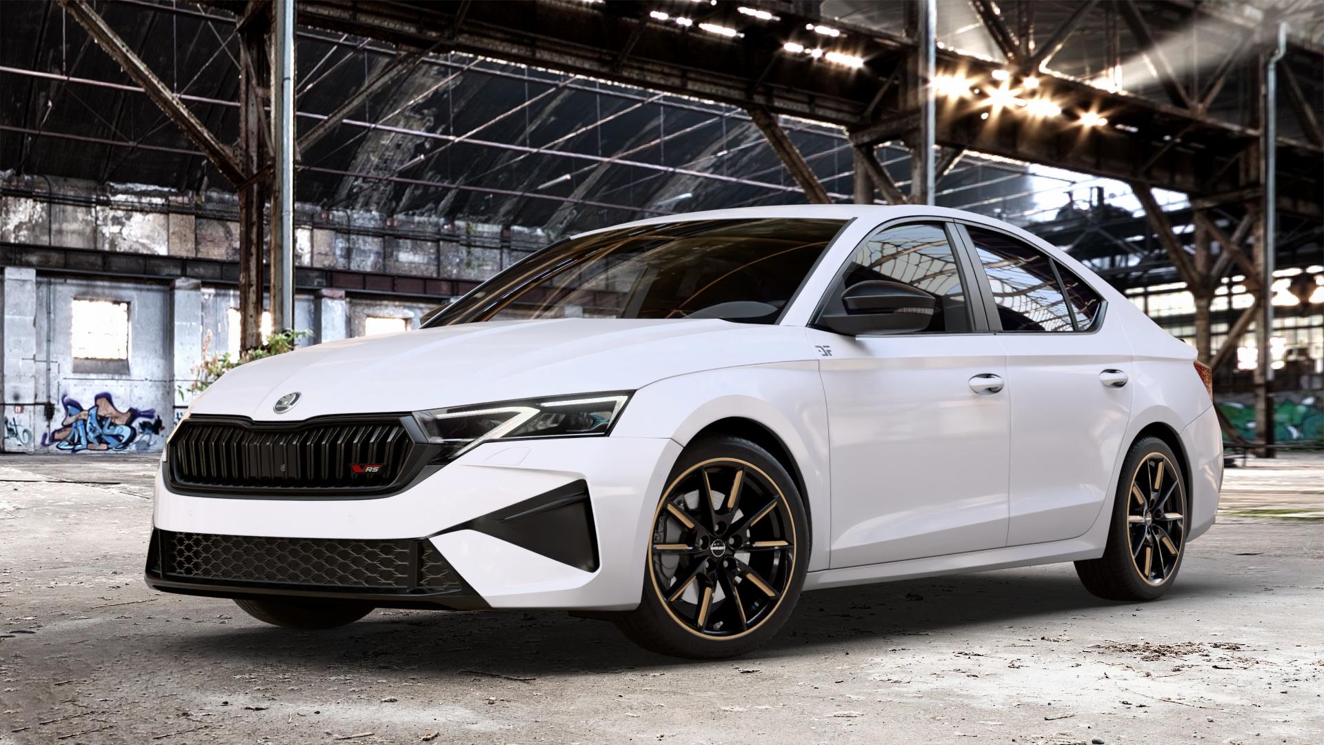 Borbet LX18 black glossy gold spoke rim Felge mit Reifen schwarz mehrfarbig in 18Zoll Winterfelge Alufelge auf weissem Skoda Octavia IV Limousine Typ NX Facelift 2,0l TSI 195kW RS (265 PS) ⬇️ mit 15mm Tieferlegung ⬇️ Old Industrial Hall_max_4400mm_2024 Frontansicht_1