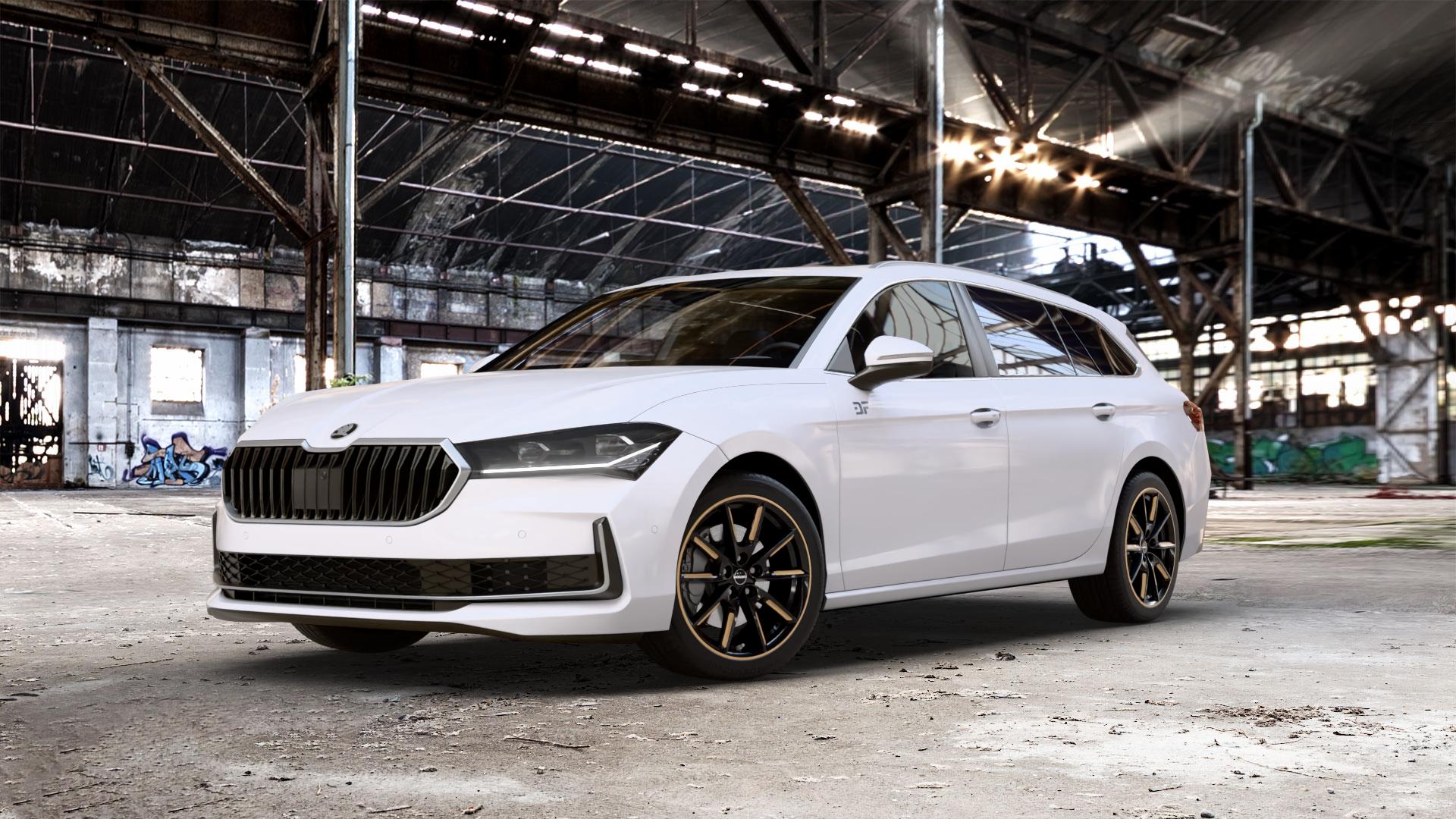 Borbet LX18 black glossy gold spoke rim Felge mit Reifen schwarz mehrfarbig in 18Zoll Winterfelge Alufelge auf weissem Skoda Superb IV Kombi Typ NZ 1,5l TSI 110kW Mild-Hybrid (150 PS) Hybrid 2,0l TDI 4x4 142kW (193 195kW (265 ⬇️ mit 15mm Tieferlegung ⬇️ Old Industrial Hall_max_5300mm_2024 Frontansicht_1