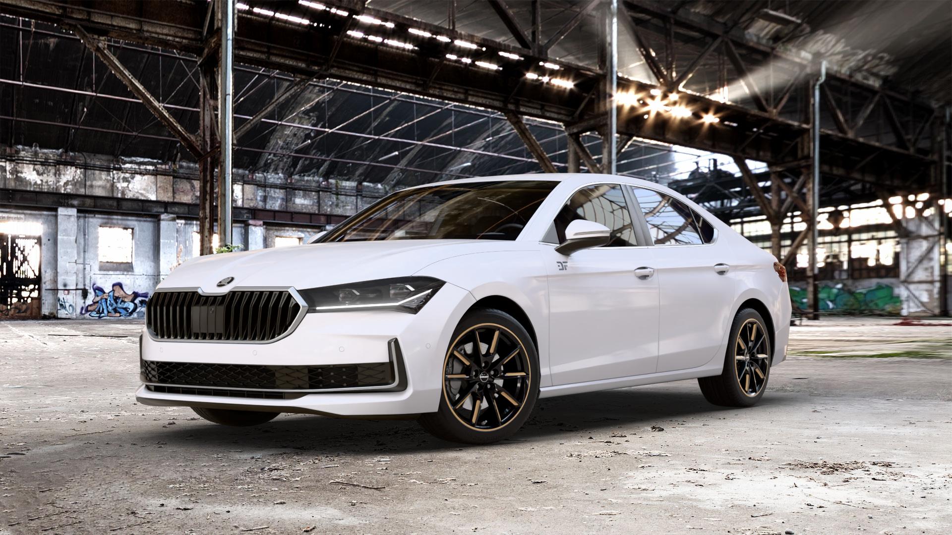 Borbet LX18 black glossy gold spoke rim Felge mit Reifen schwarz mehrfarbig in 18Zoll Winterfelge Alufelge auf weissem Skoda Superb IV Typ NZ ⬇️ mit 15mm Tieferlegung ⬇️ Old Industrial Hall_max_5300mm_2024 Frontansicht_1