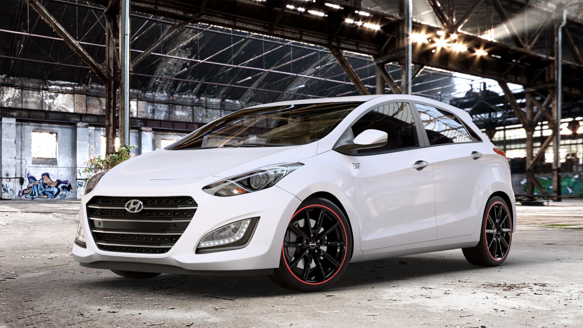 Borbet LX18 black glossy rim red Felge mit Reifen schwarz rot mehrfarbig in 18Zoll Winterfelge Alufelge auf weissem Hyundai i30 Typ GDH Facelift ⬇️ mit 15mm Tieferlegung ⬇️ Old Industrial Hall_max_4400mm_2024 Frontansicht_1