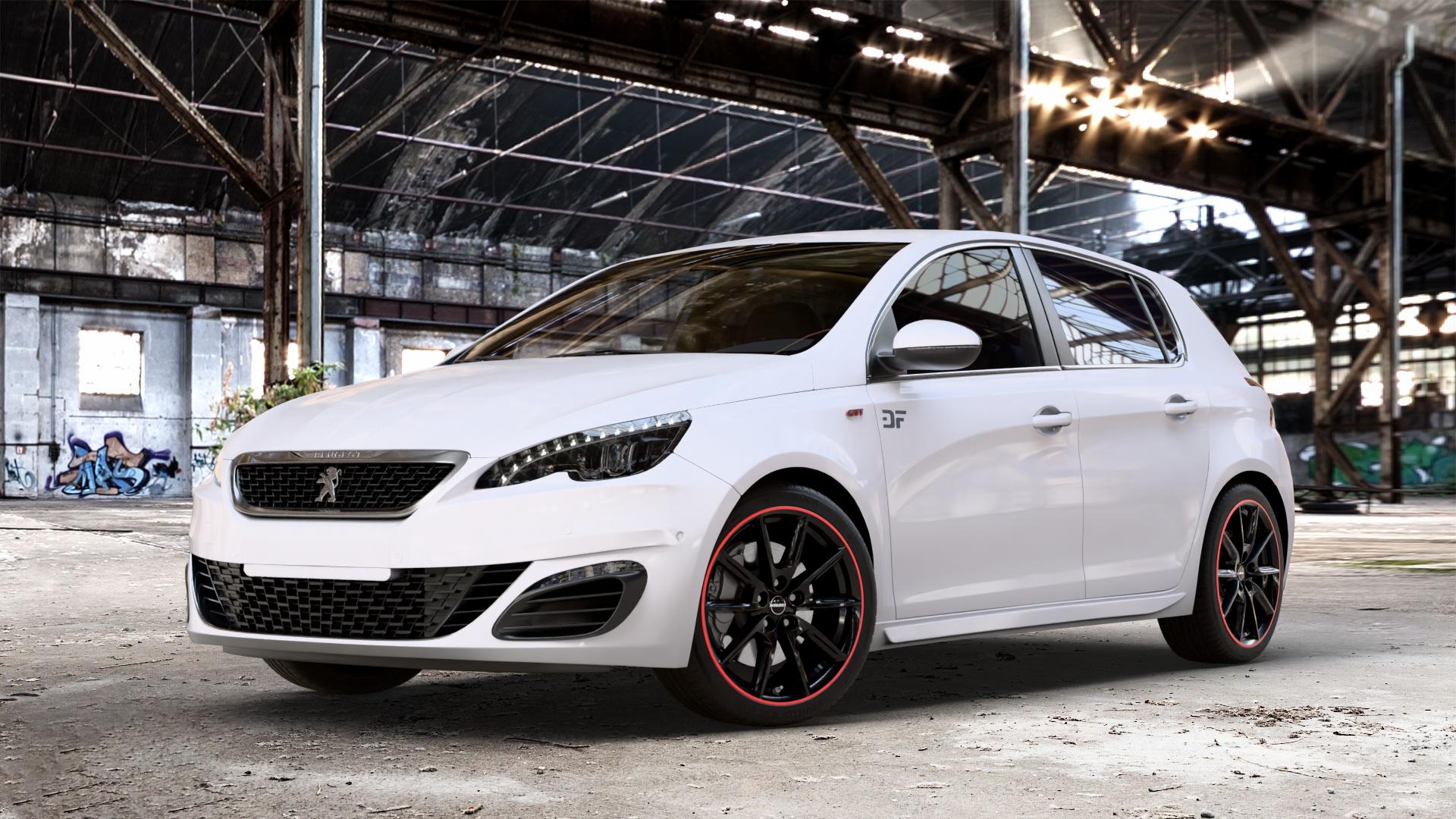 Borbet LX18 black glossy rim red Felge mit Reifen schwarz rot mehrfarbig in 18Zoll Winterfelge Alufelge auf weissem Peugeot 308 II Typ L Facelift ⬇️ mit 15mm Tieferlegung ⬇️ Old Industrial Hall_max_4400mm_2024 Frontansicht_1
