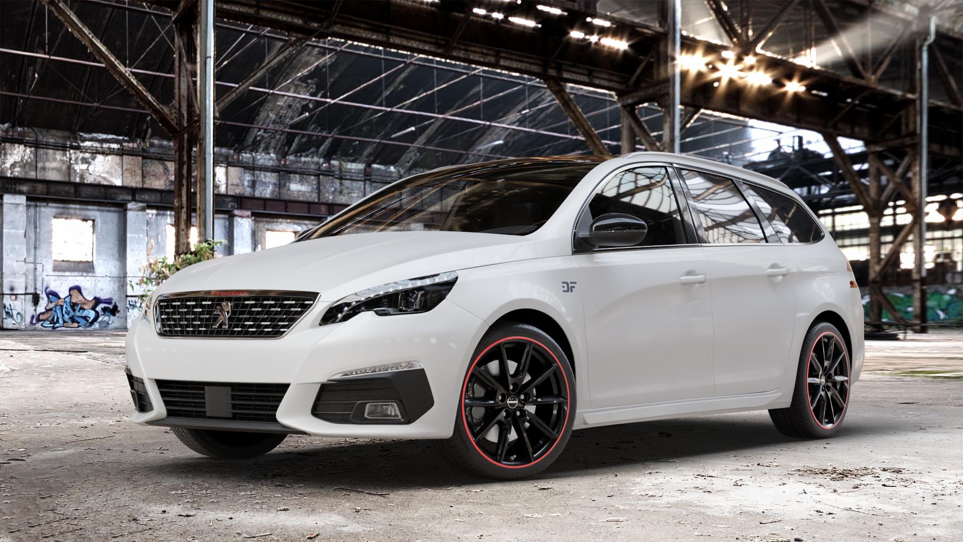 Borbet LX18 black glossy rim red Felge mit Reifen schwarz rot mehrfarbig in 18Zoll Winterfelge Alufelge auf weissem Peugeot 308 SW II Typ L Facelift ⬇️ mit 15mm Tieferlegung ⬇️ Old Industrial Hall_max_4400mm_2024 Frontansicht_1