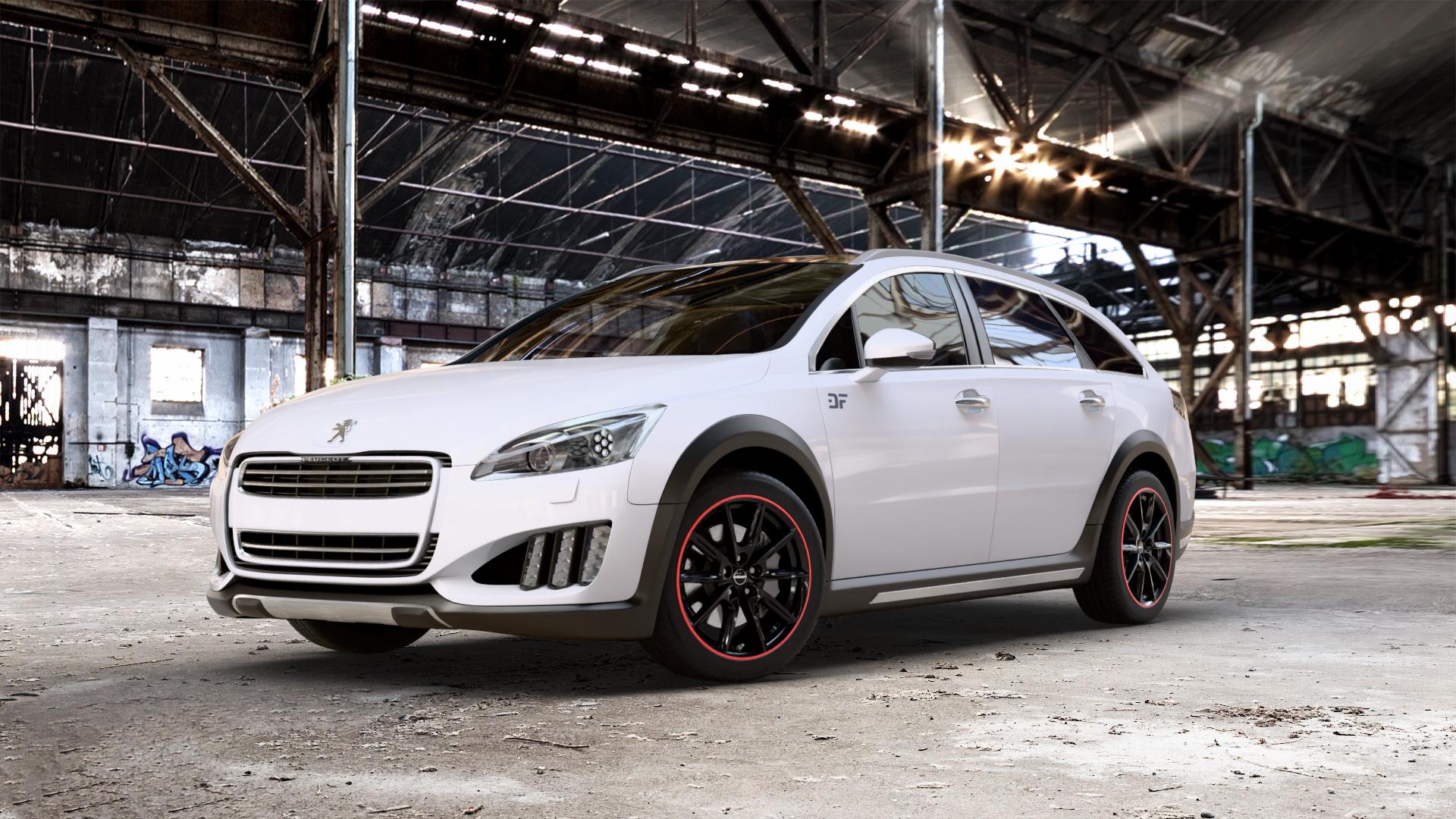 Borbet LX18 black glossy rim red Felge mit Reifen schwarz rot mehrfarbig in 18Zoll Winterfelge Alufelge auf weissem Peugeot 508 Typ 8 RXH Facelift ⬇️ mit 15mm Tieferlegung ⬇️ Old Industrial Hall_max_5300mm_2024 Frontansicht_1