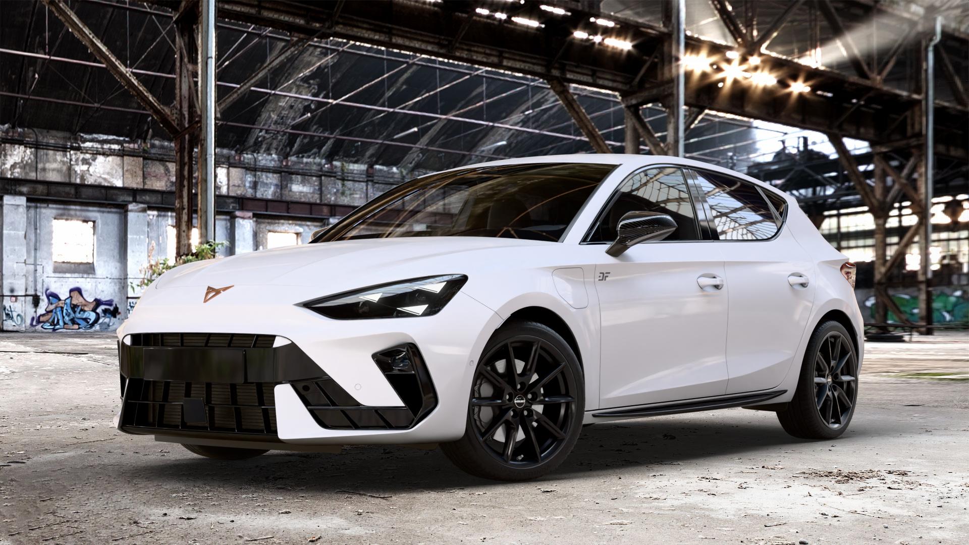 Borbet LX18 black matt Felge mit Reifen schwarz in 18Zoll Winterfelge Alufelge auf weissem Cupra Leon Typ KL Facelift ⬇️ mit 15mm Tieferlegung ⬇️ Old Industrial Hall_max_4400mm_2024 Frontansicht_1