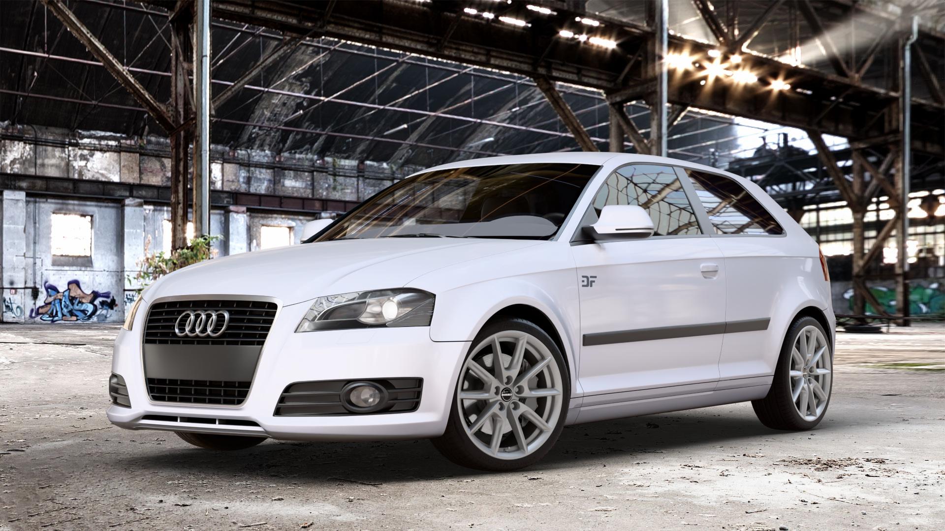 Borbet LX18 grey glossy Felge mit Reifen grau in 18Zoll Winterfelge Alufelge auf weißem Audi A3 Typ 8P ⬇️ mit 15mm Tieferlegung ⬇️ Old Industrial Hall_max_4400mm_2024 Frontansicht_1