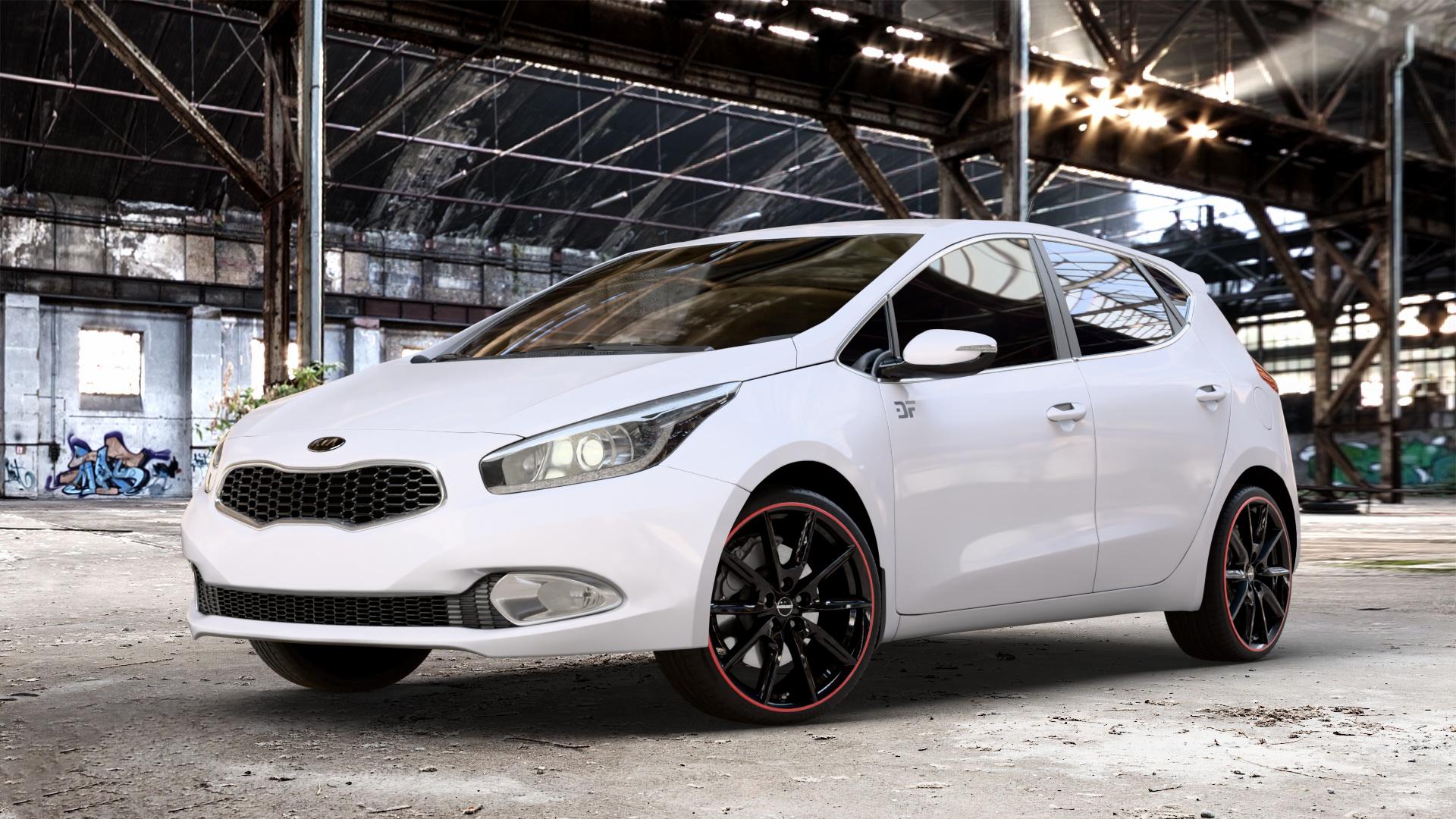 Borbet LX19 black glossy rim red Felge mit Reifen schwarz rot mehrfarbig in 19Zoll Winterfelge Alufelge auf weissem Kia Cee d Schrägheck Typ JD Kombi Facelift ⬇️ mit 15mm Tieferlegung ⬇️ Old Industrial Hall_max_4400mm_2024 Frontansicht_1