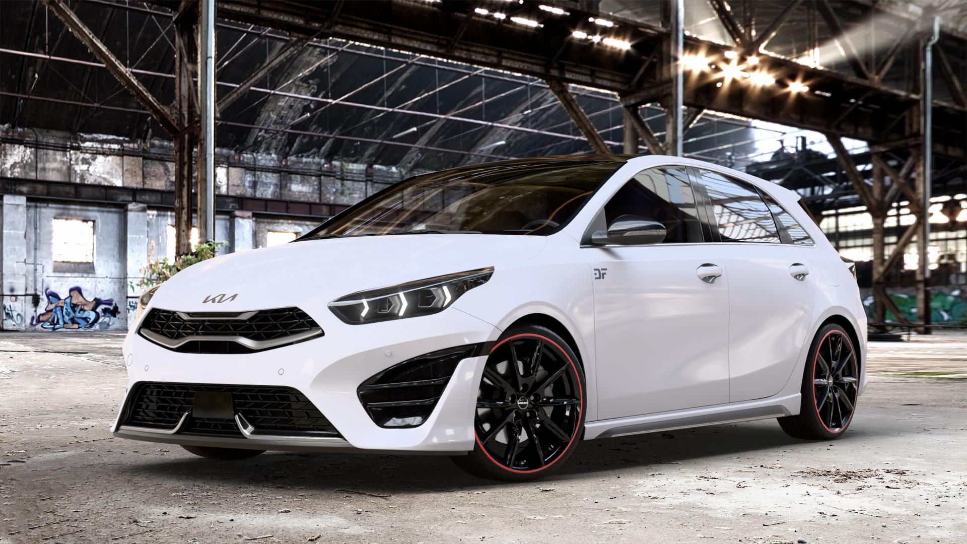 Borbet LX19 black glossy rim red Felge mit Reifen schwarz rot mehrfarbig in 19Zoll Winterfelge Alufelge auf weissem Kia Ceed Schrägheck Typ CD Facelift 1,0l T-GDI 88kW Mild-Hybrid (120 PS) 74kW (101 1,5l 118kW (160 1,6l 150kW GT (204 CRDi 100kW (136 103kW (140 ⬇️ mit 15mm Tieferlegung ⬇️ Old Industrial Hall_max_4400mm_2024 Frontansicht_1