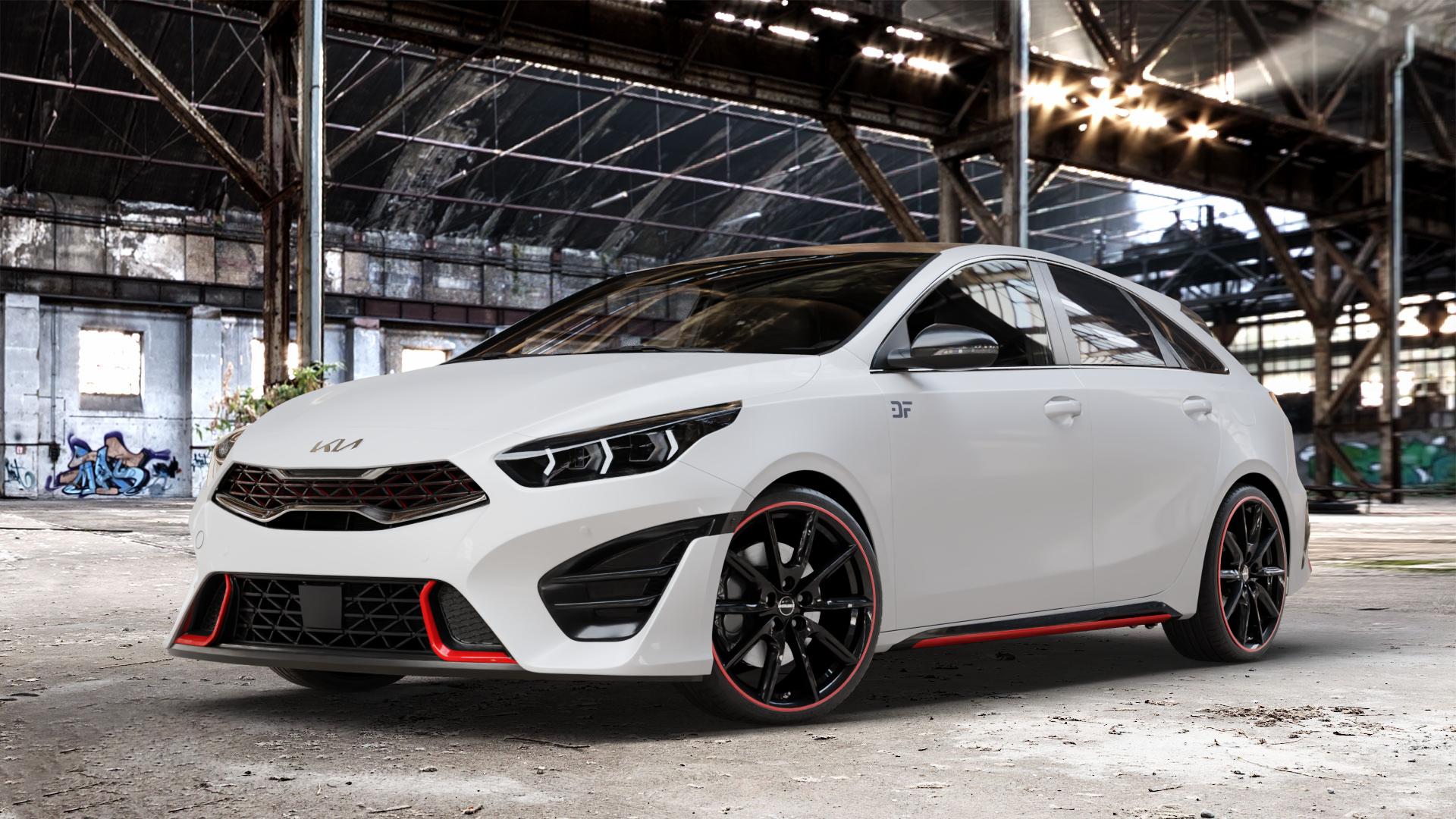 Borbet LX19 black glossy rim red Felge mit Reifen schwarz rot mehrfarbig in 19Zoll Winterfelge Alufelge auf weissem Kia ProCeed Typ CD Facelift Pro Cee d ⬇️ mit 15mm Tieferlegung ⬇️ Old Industrial Hall_max_4400mm_2024 Frontansicht_1